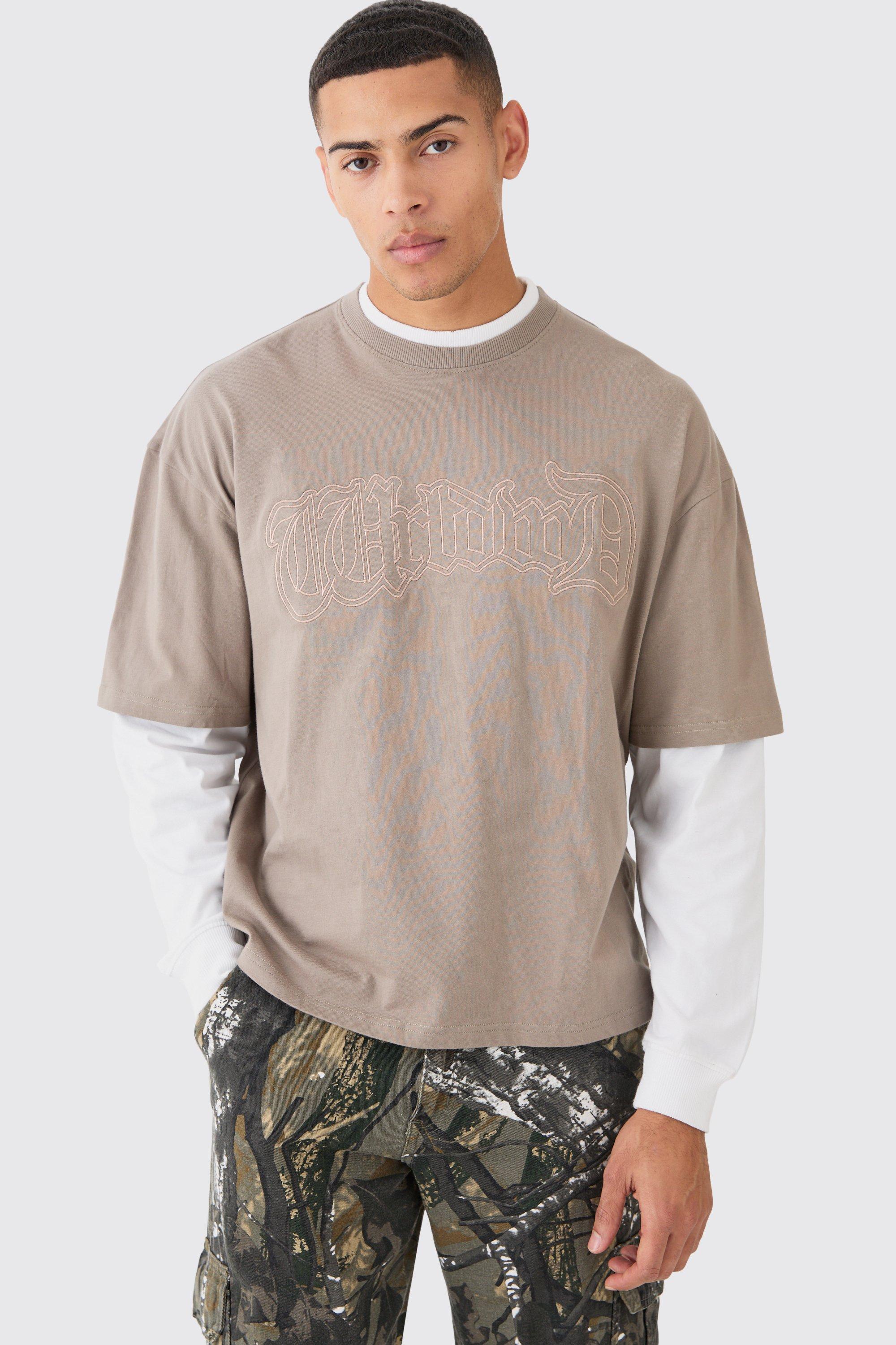 Image of Oversized Boxy Faux Layer Embroidered T-shirt, Beige