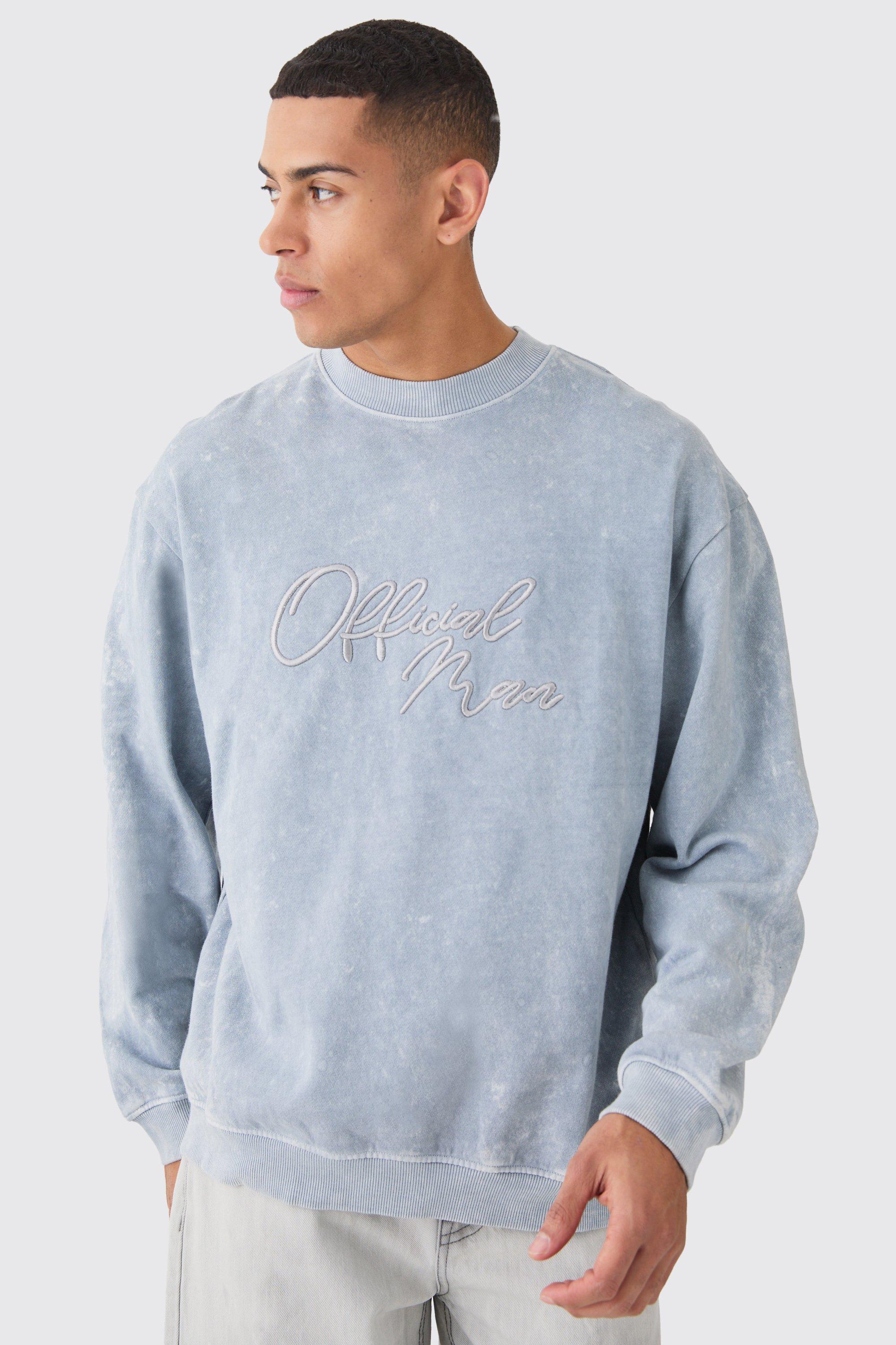 Mens Grey Oversized Extended Neck Acid Wash Embroidered Man Sweatshirt, Grey