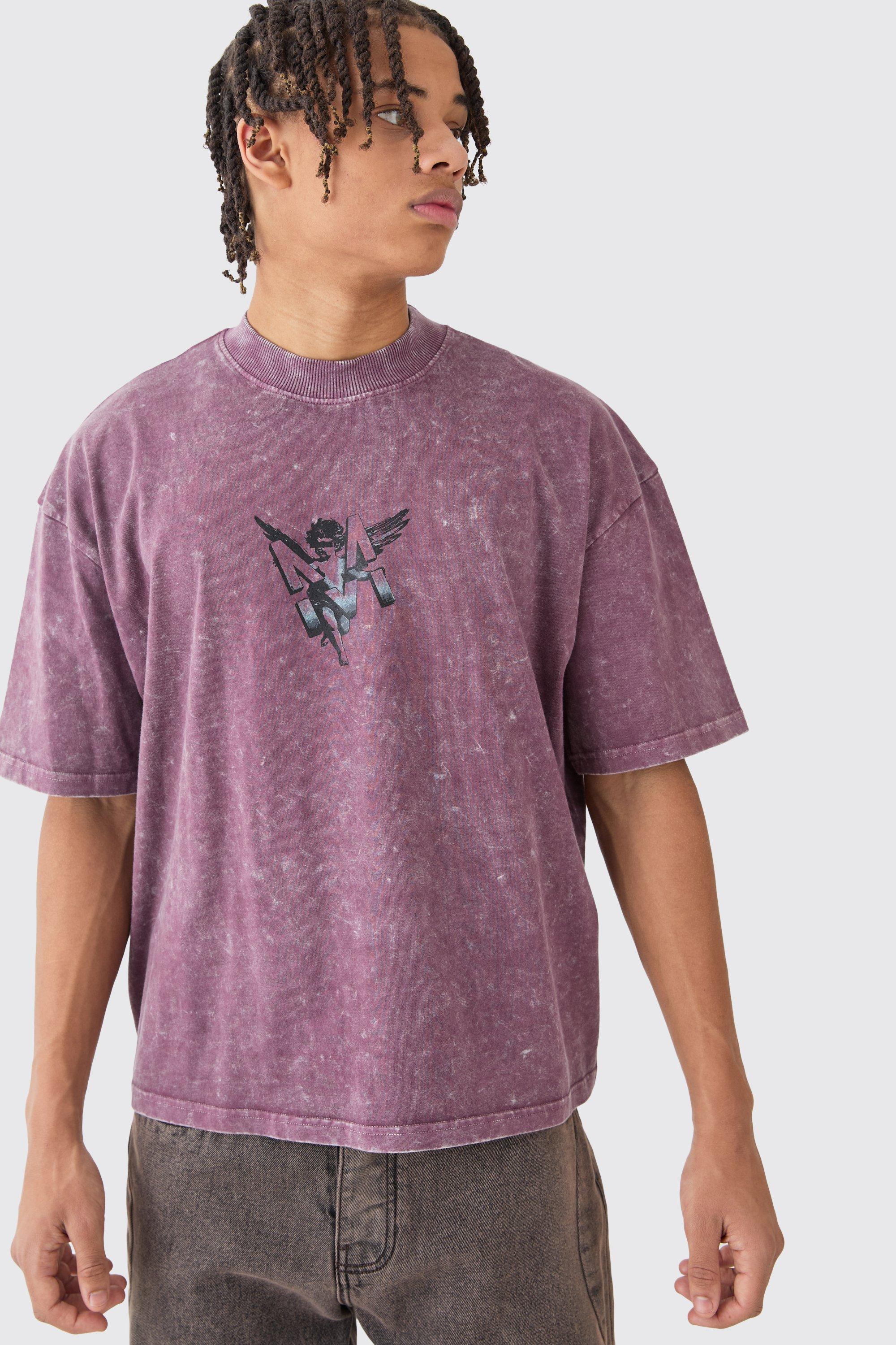 Image of T-shirt squadrata oversize in lavaggio acido con grafica M e girocollo esteso, Purple