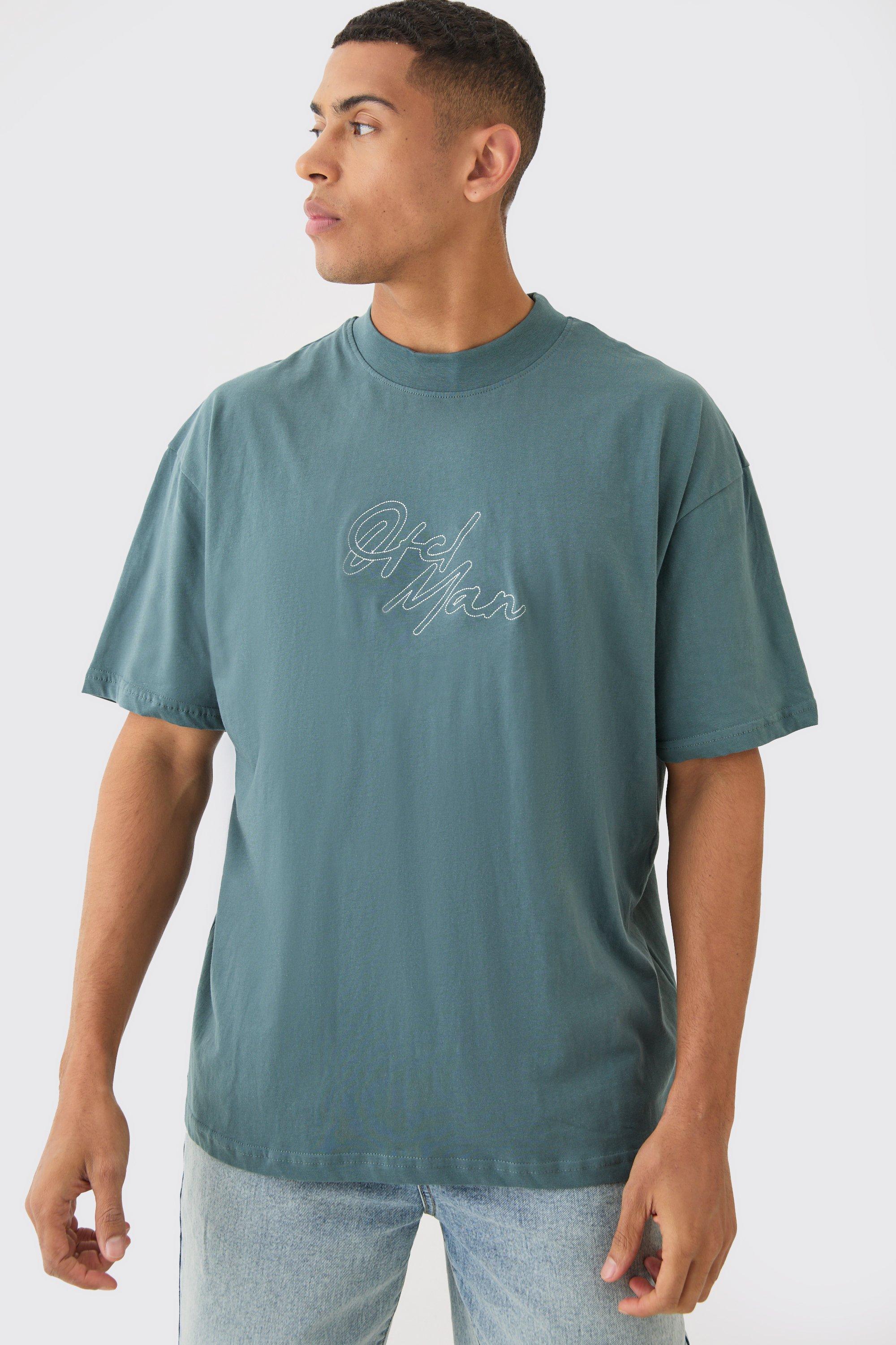 Image of T-shirt oversize Man con ricamo di punto a catena e girocollo esteso, Azzurro