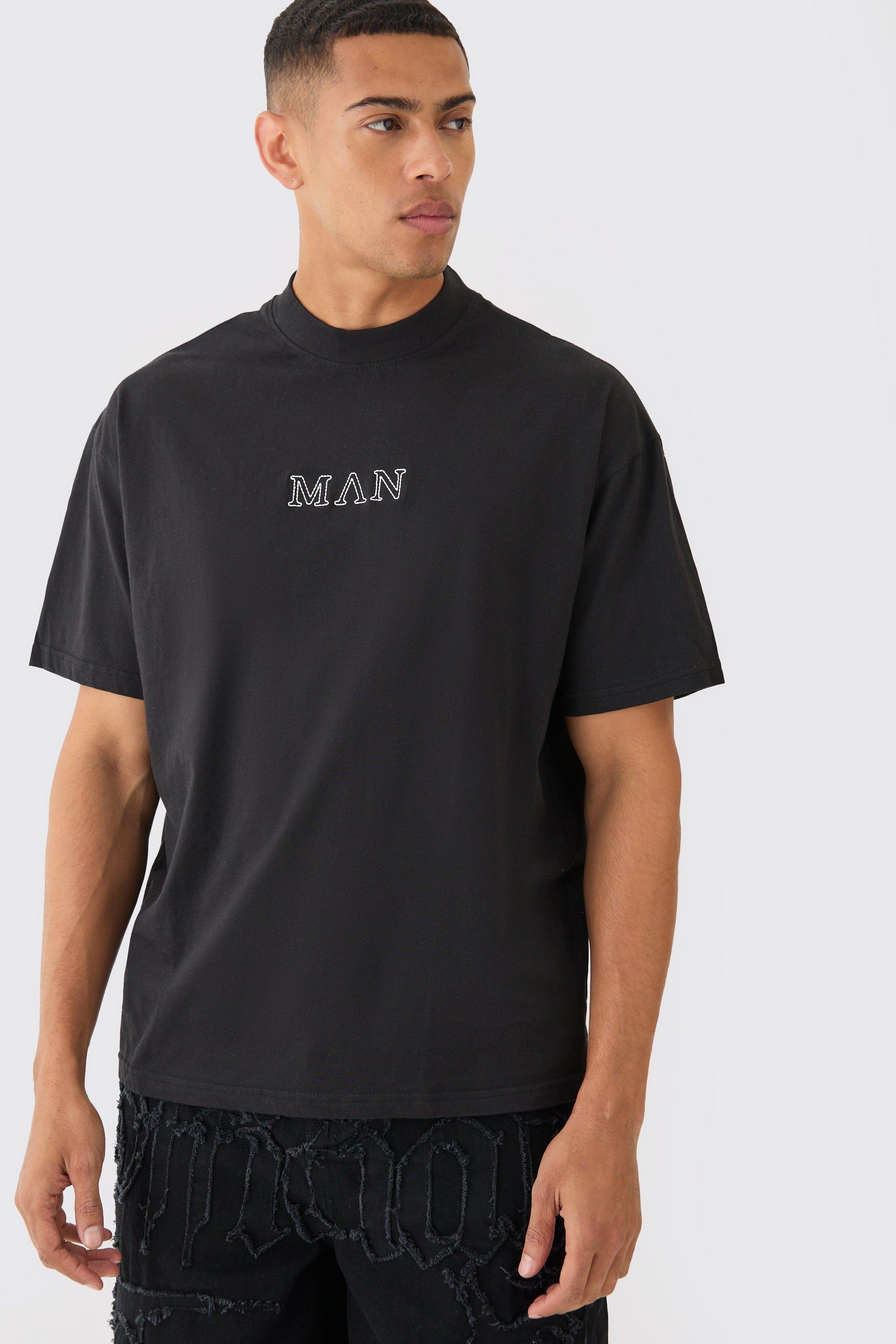 Image of T-shirt oversize Man con ricamo di punto a catena e girocollo esteso, Nero