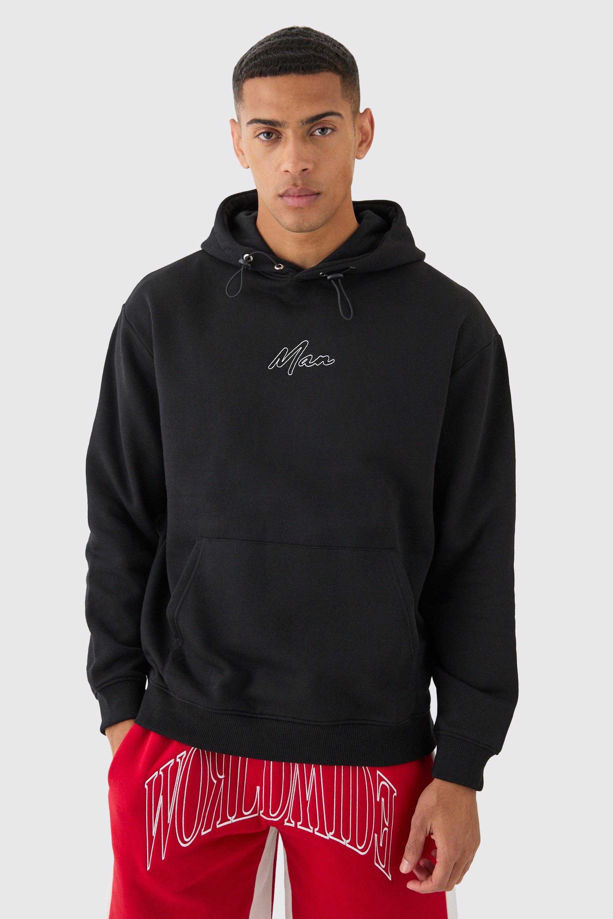 Mens Black Oversized Chain Stitch Man Embroidered Hoodie, Black