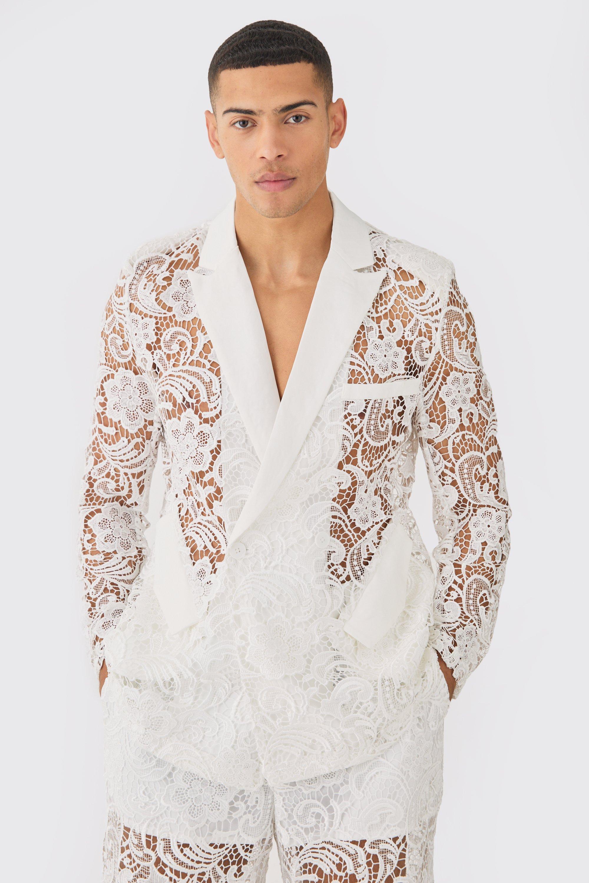 Mens White Relaxed Fit Double Breasted Lace Blazer, White
