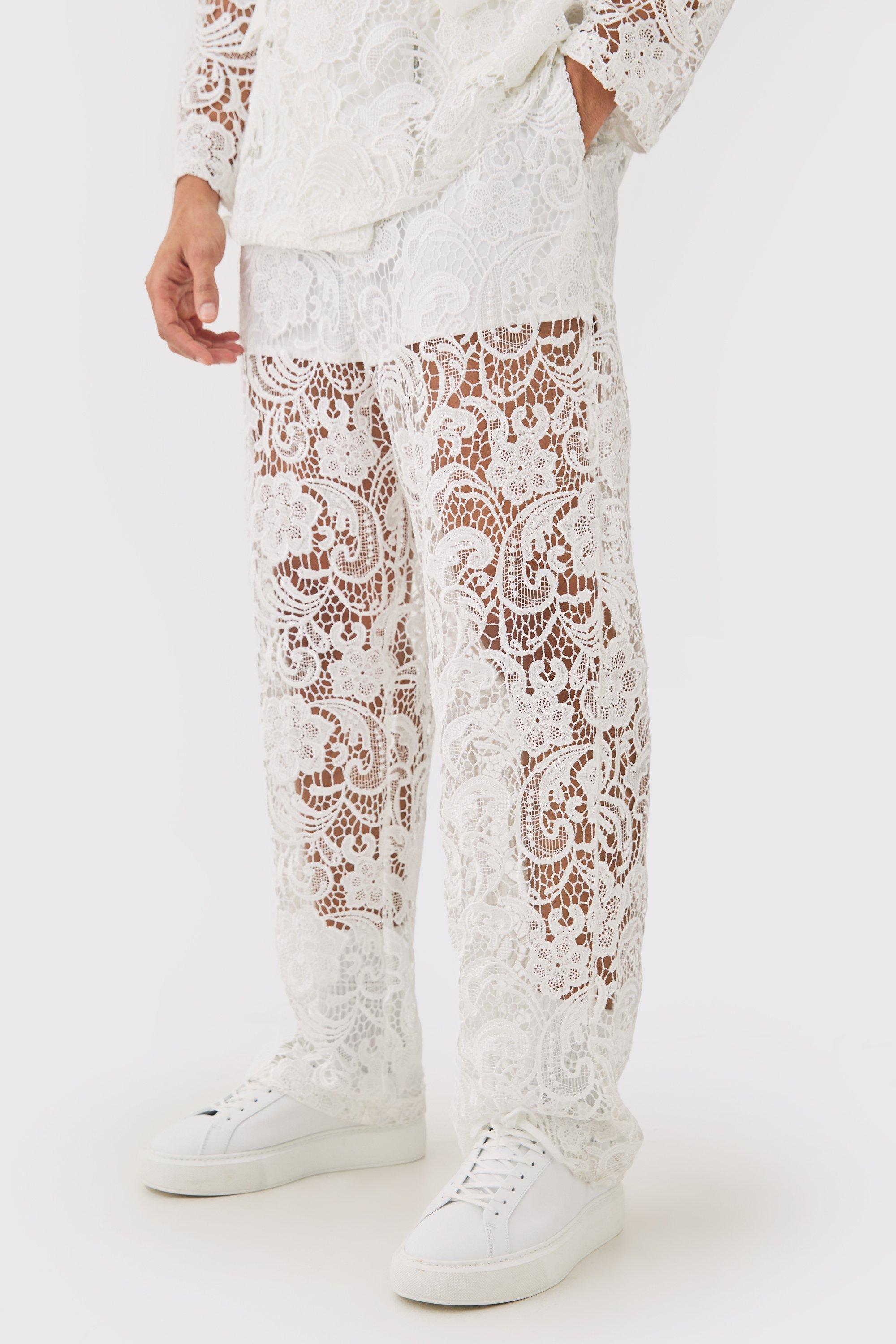 Mens White Relaxed Fit Lace Suit Trouser, White