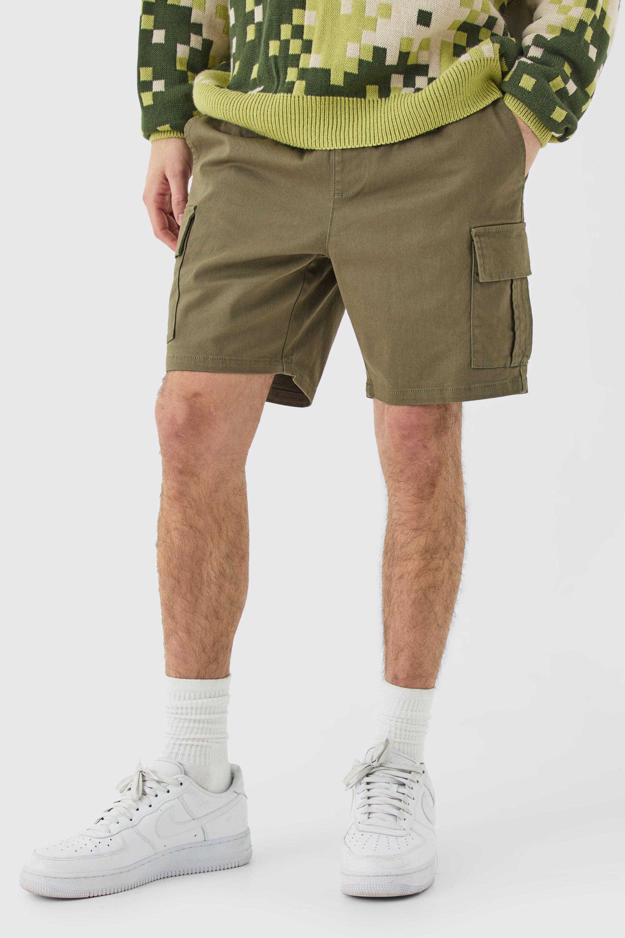 Mens Green Elasticated Waist Khaki Skinny Fit Cargo Shorts, Green