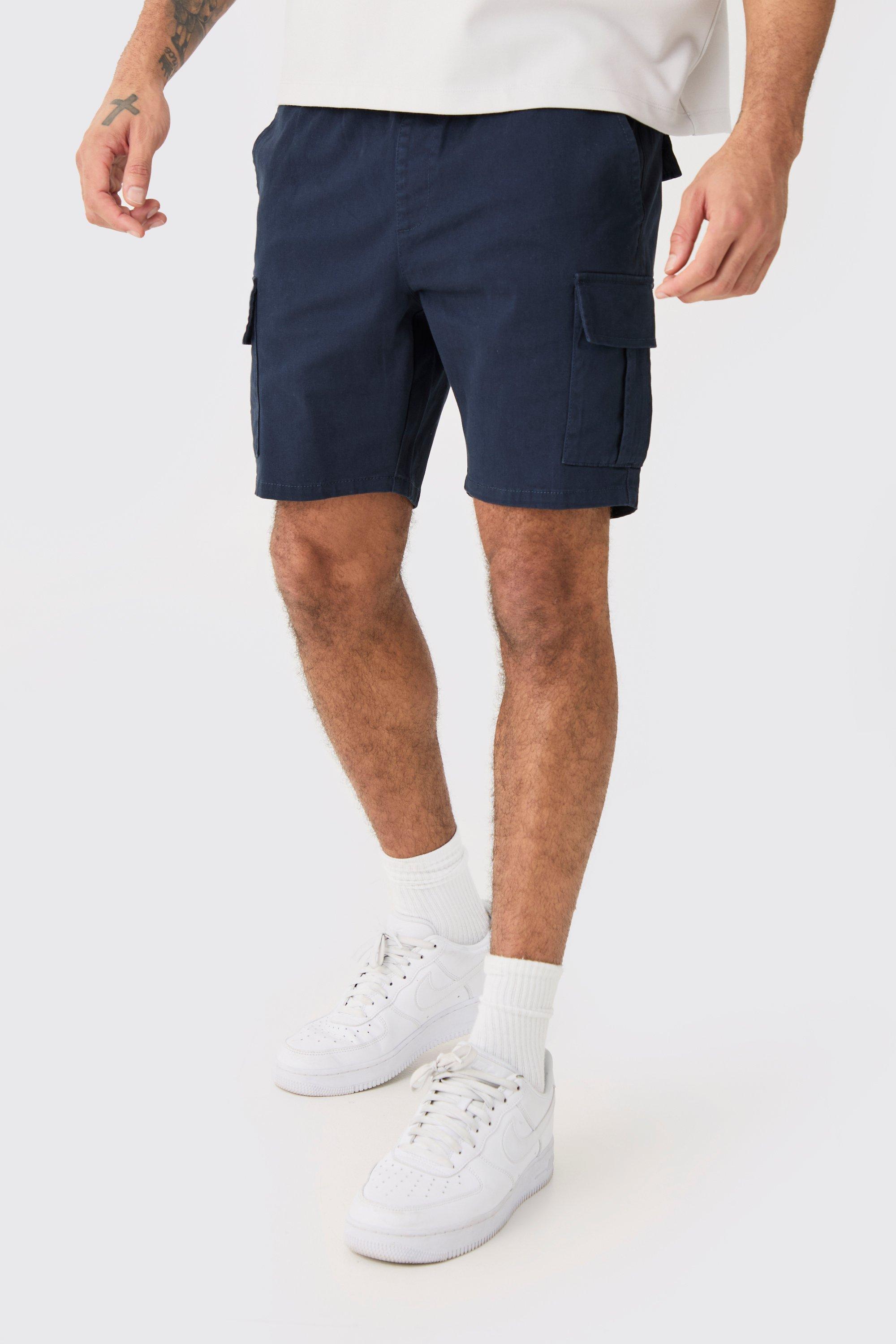 Image of Elastic Waist Navy Skinny Fit Cargo Shorts, Navy
