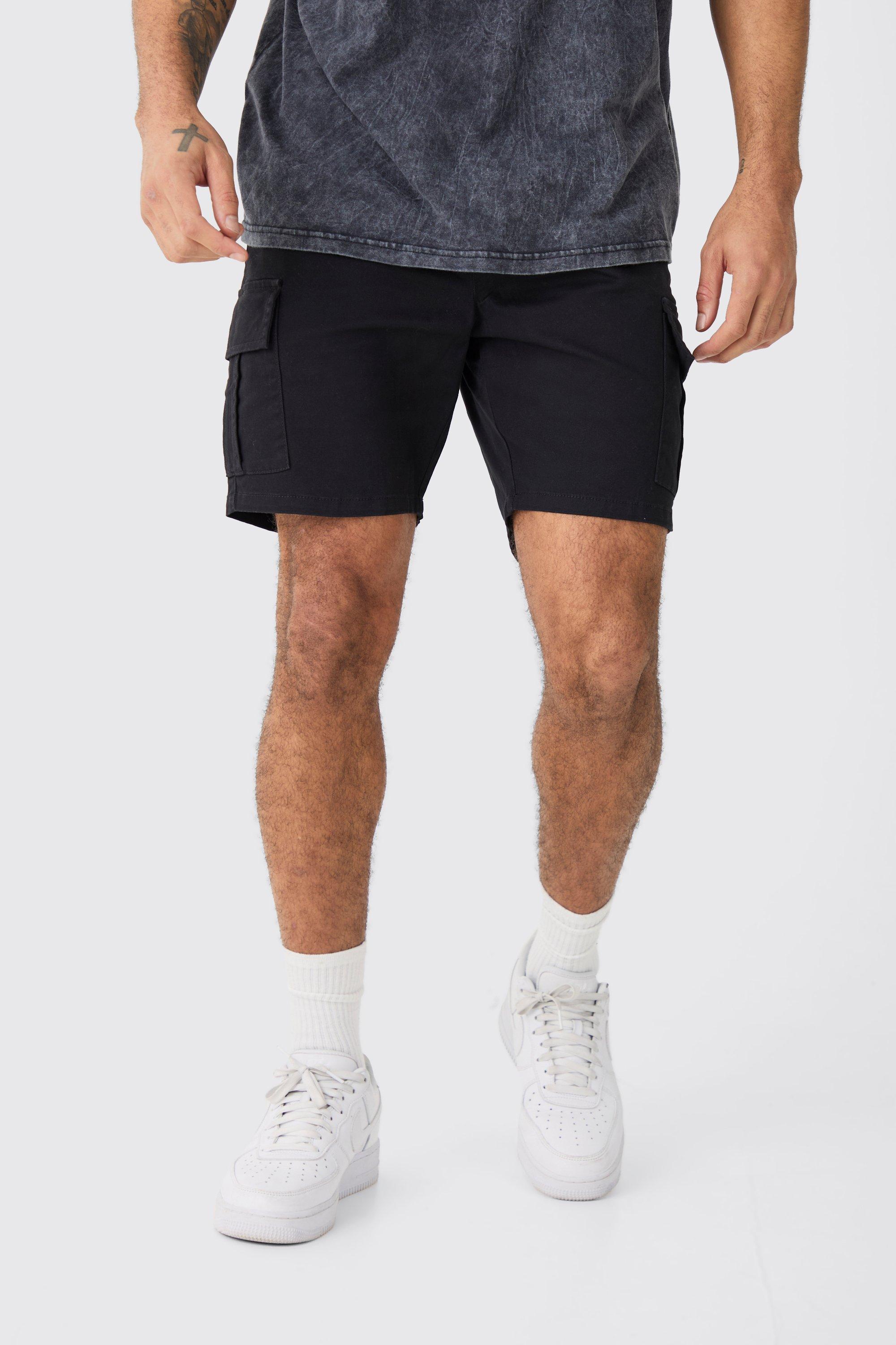 Image of Elastic Waist Black Skinny Fit Cargo Shorts, Nero