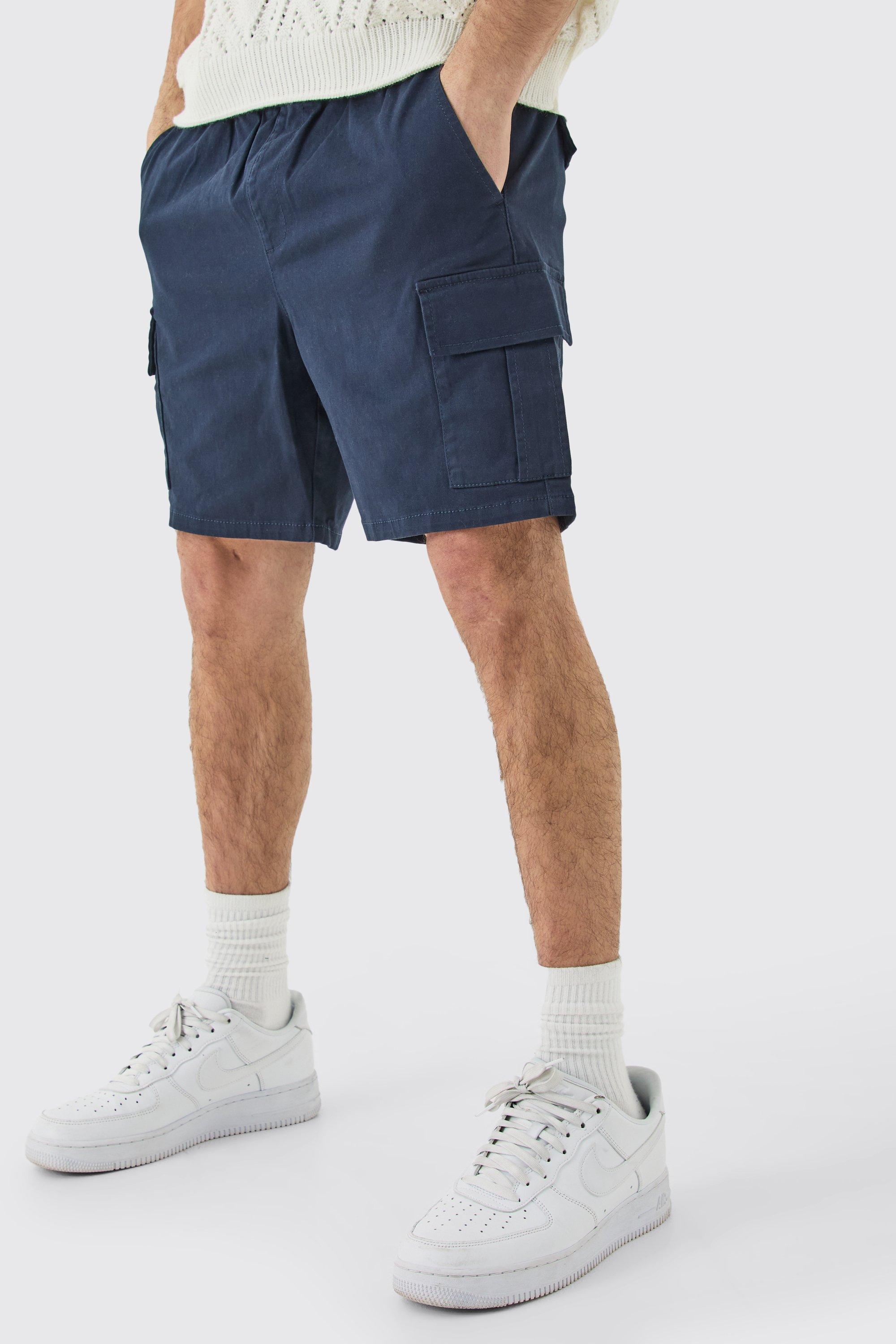 Image of Elastic Waist Navy Slim Fit Cargo Shorts, Navy