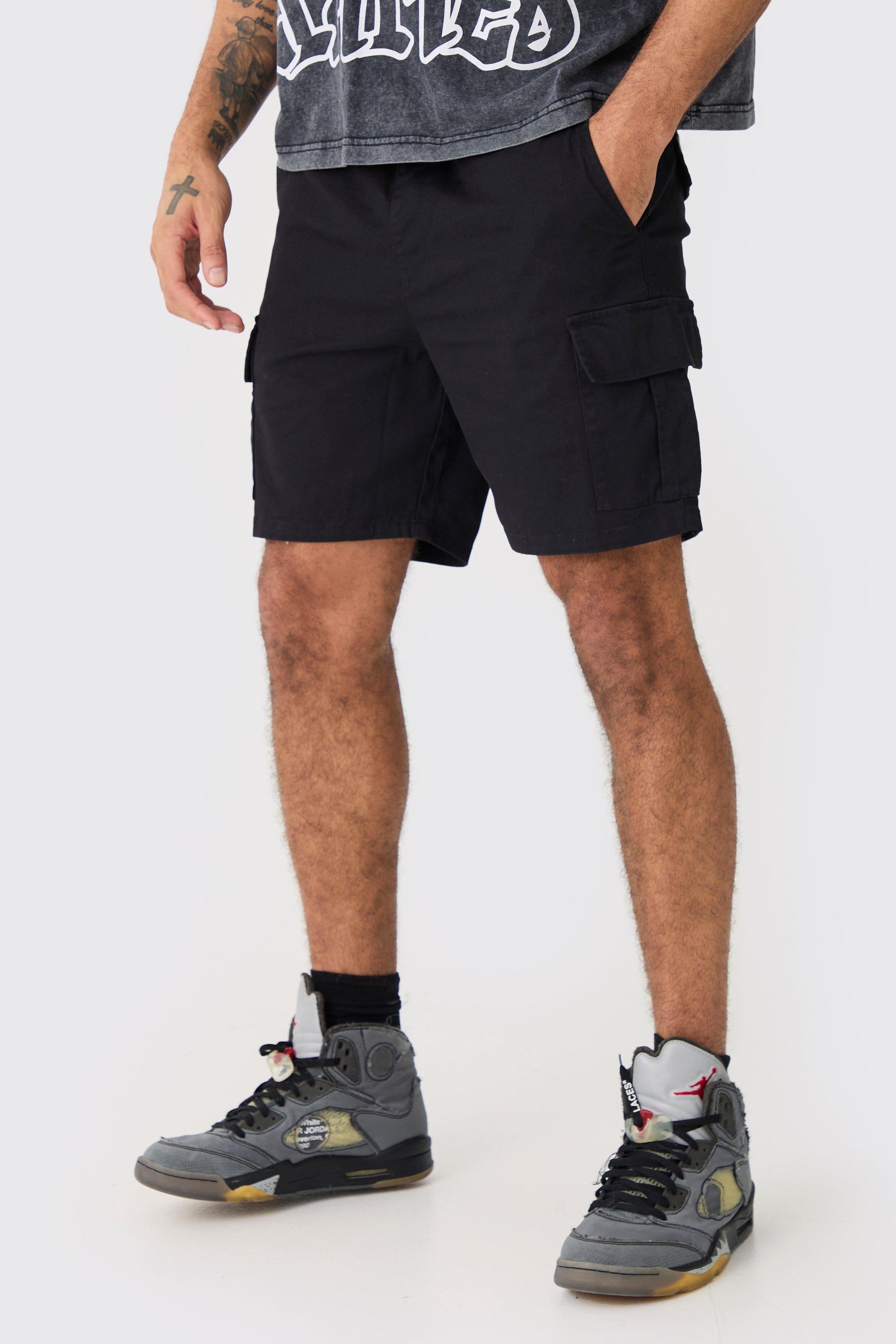 Image of Elastic Waist Black Slim Fit Cargo Shorts, Nero