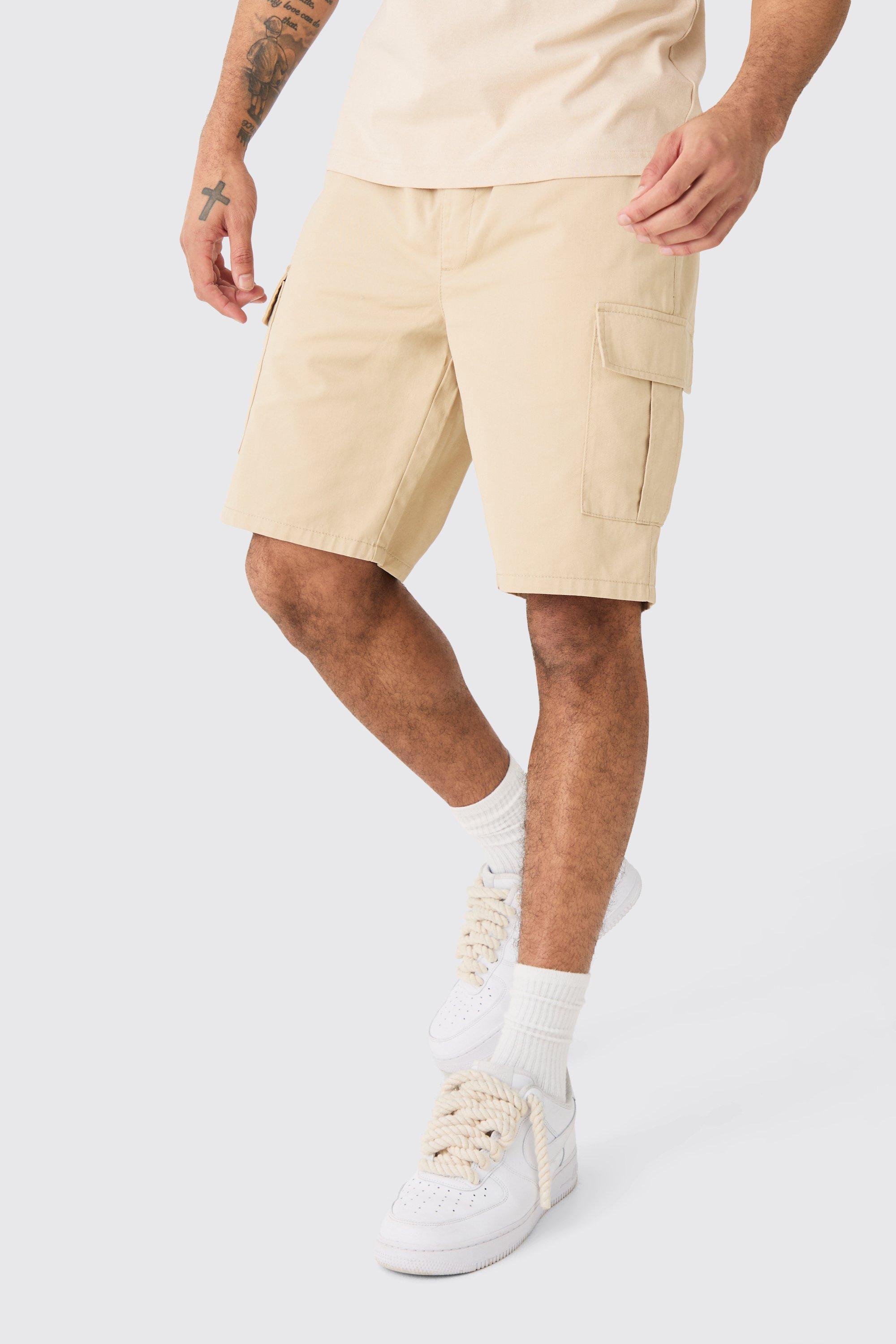 Mens Beige Elasticated Waist Stone Relaxed Fit Cargo Shorts, Beige