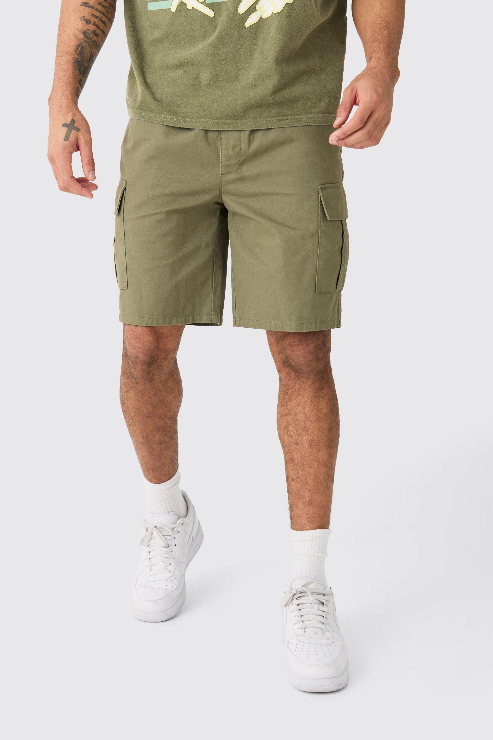 Pantaloncini Cargo rilassati color kaki con vita elasticizzata, Verde