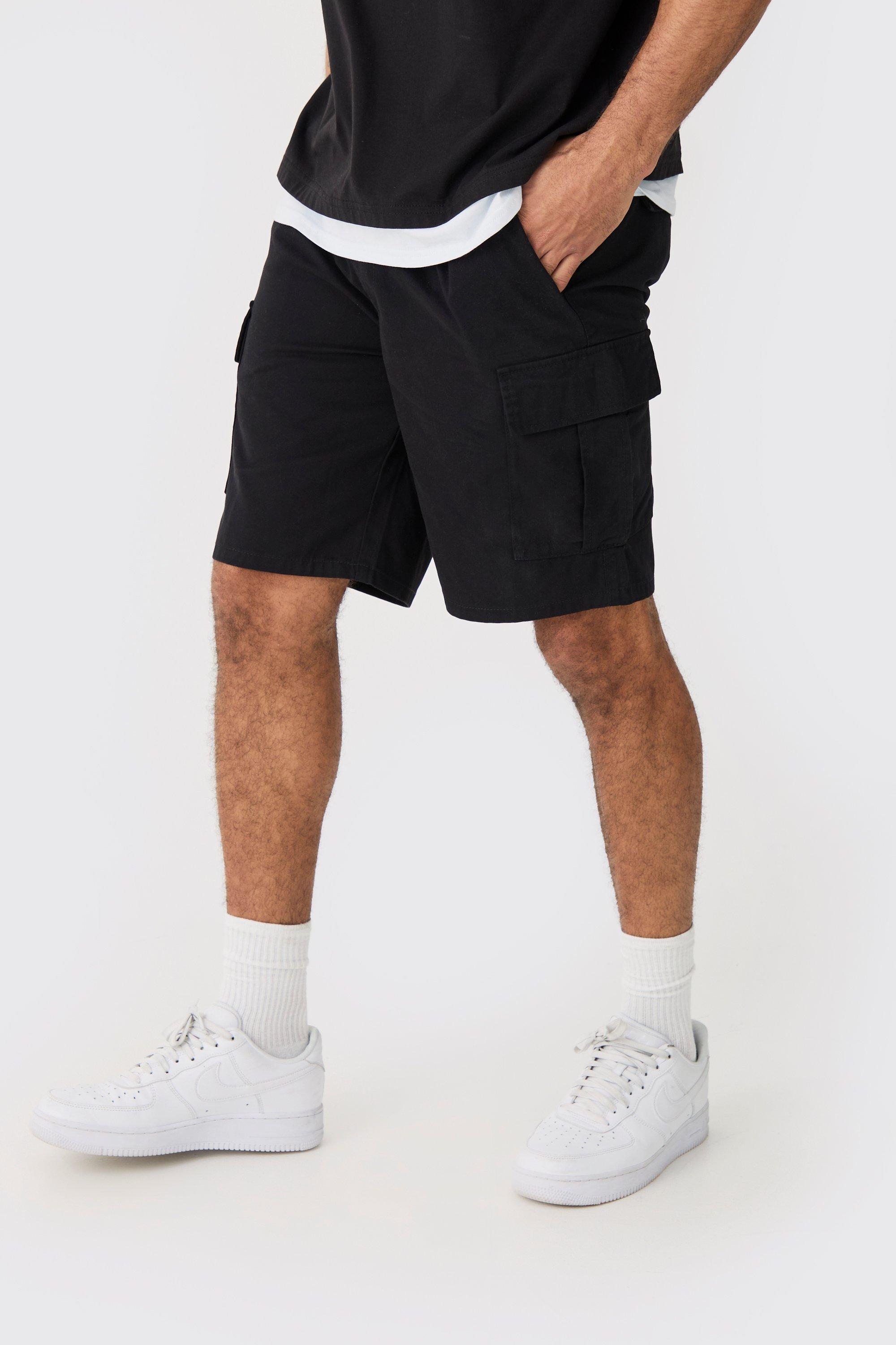 Mens Elasticated Waist Black Relaxed Fit Cargo Shorts, Black