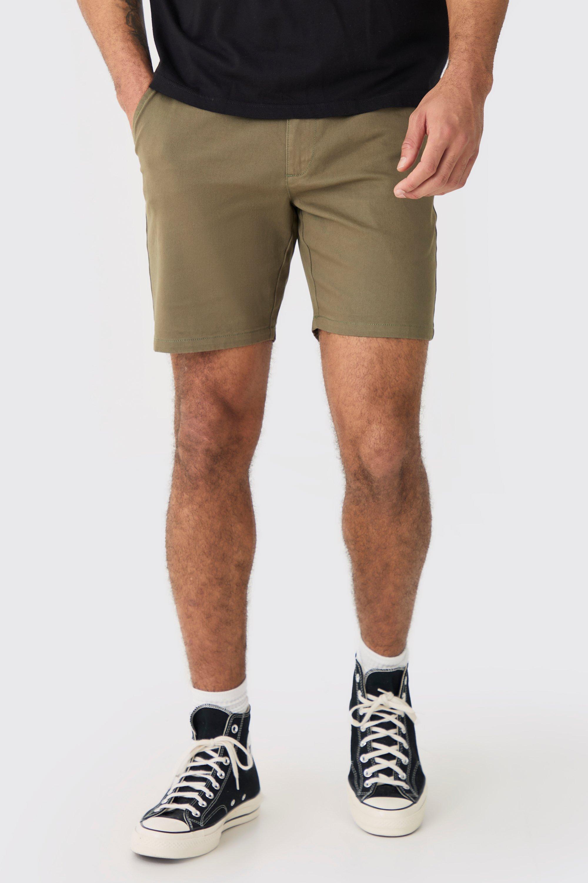 Image of Pantaloncini Chino Skinny Fit color kaki con vita fissa, Verde