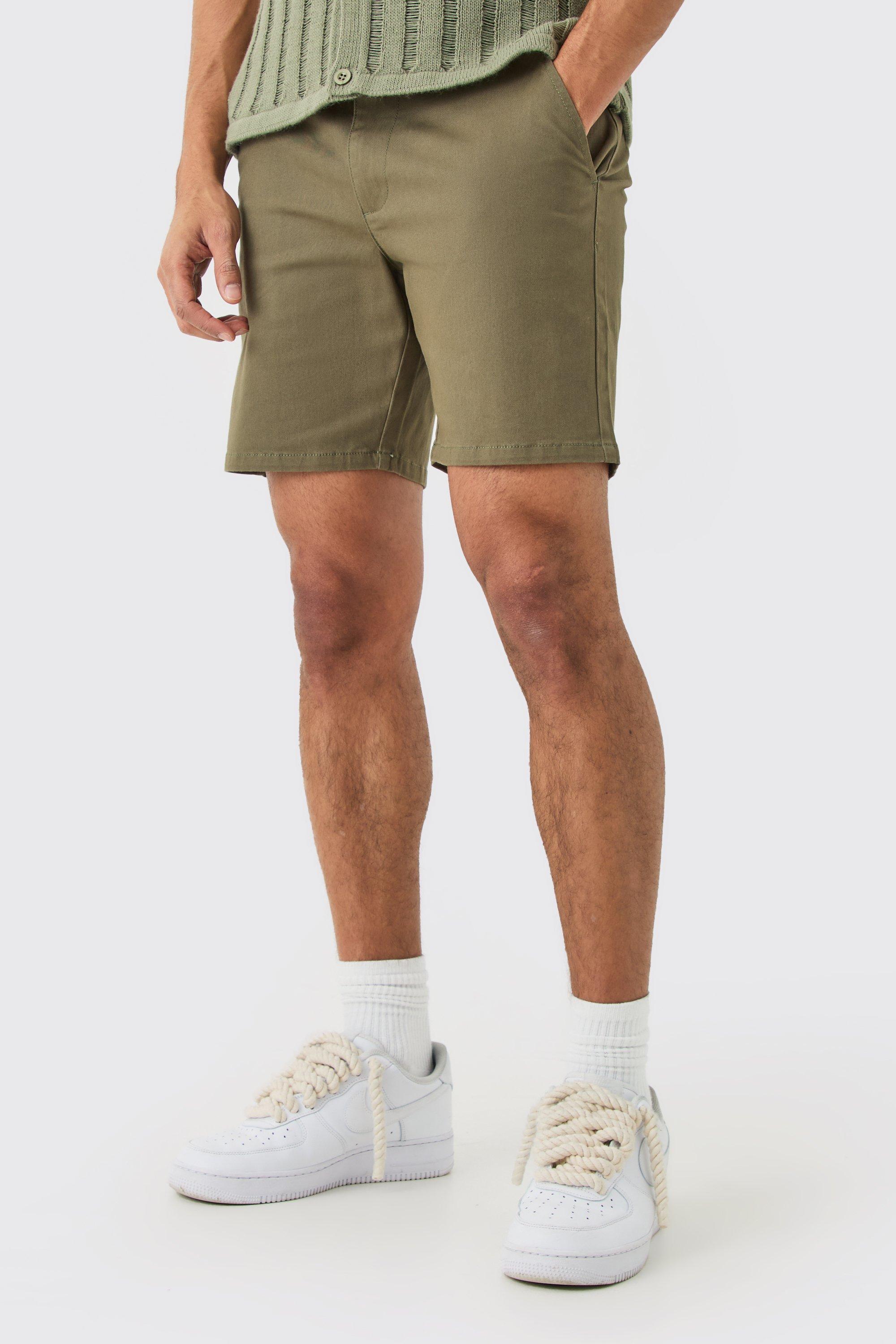 Image of Pantaloncini Chino Slim Fit color kaki con vita fissa, Verde