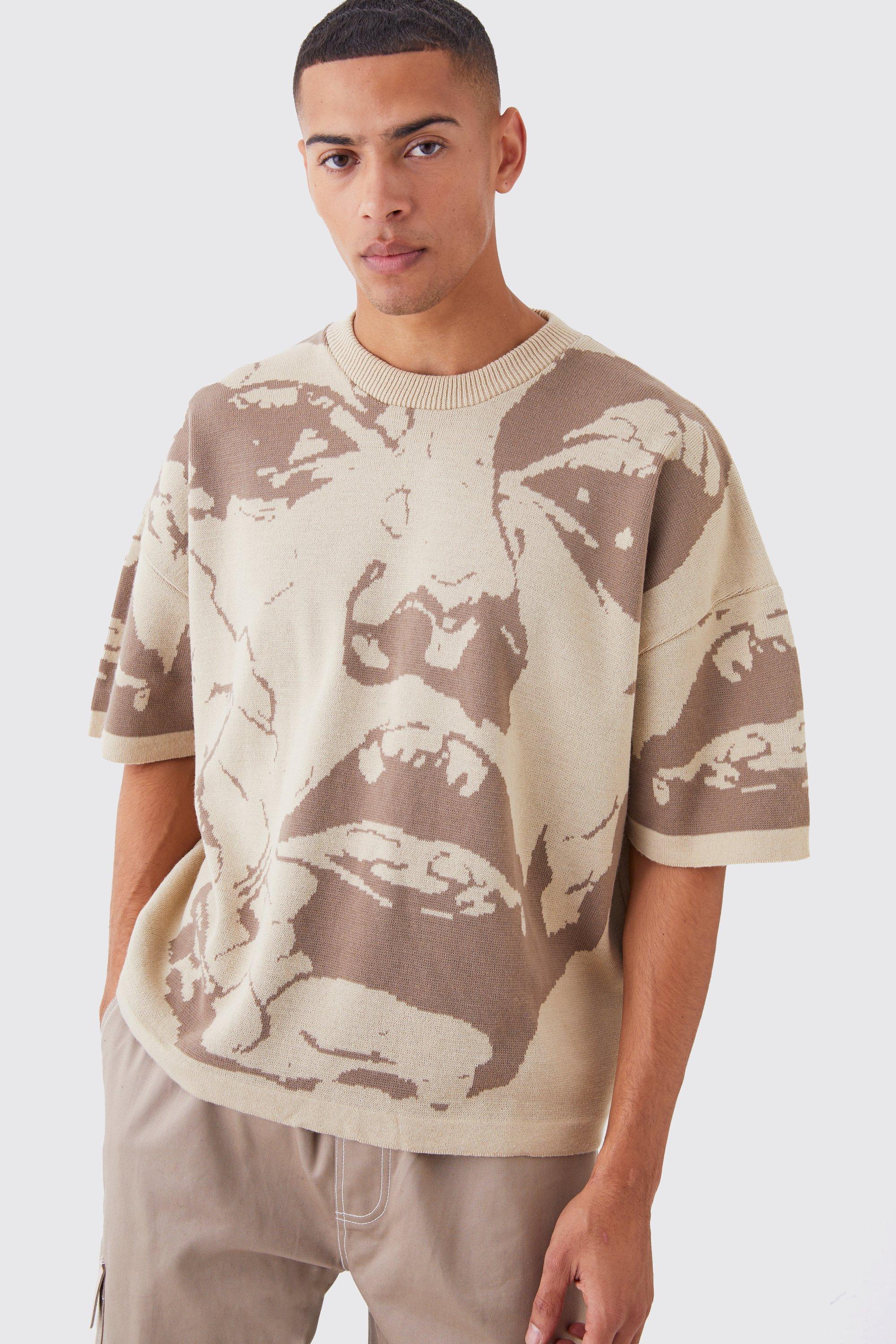 Mens Beige Oversized Line Drawing Knitted T-shirt, Beige