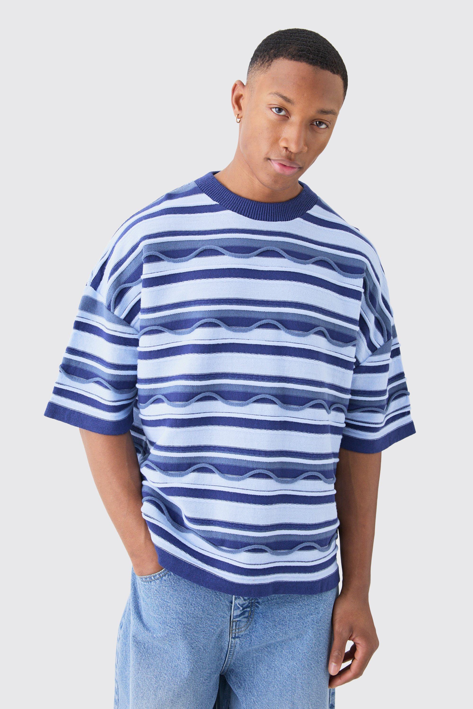 Mens Blue Oversized 3d Jacquard Knitted T-shirt, Blue