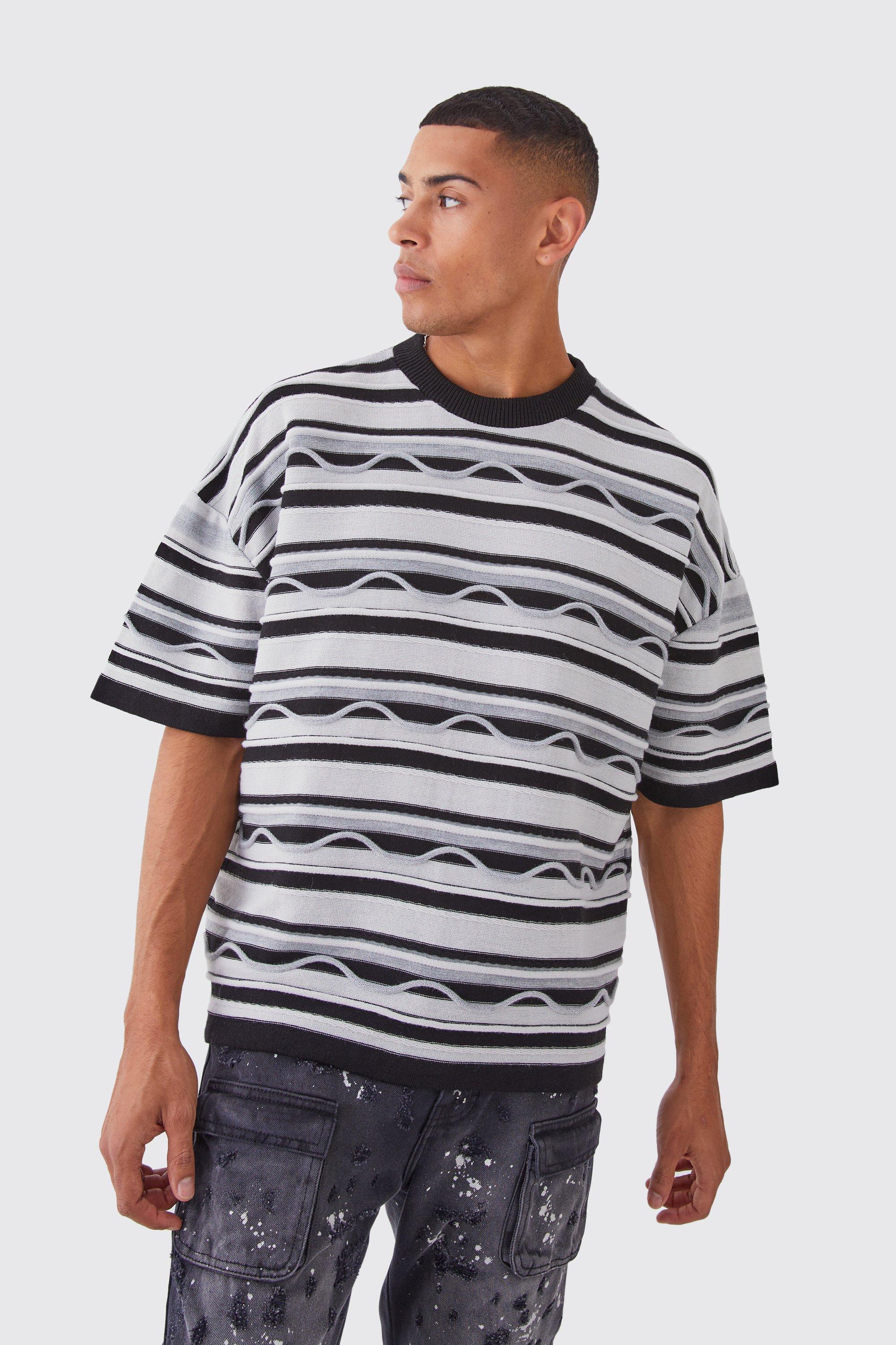 Image of T-shirt oversize in maglia in jacquard in rilievo, Nero
