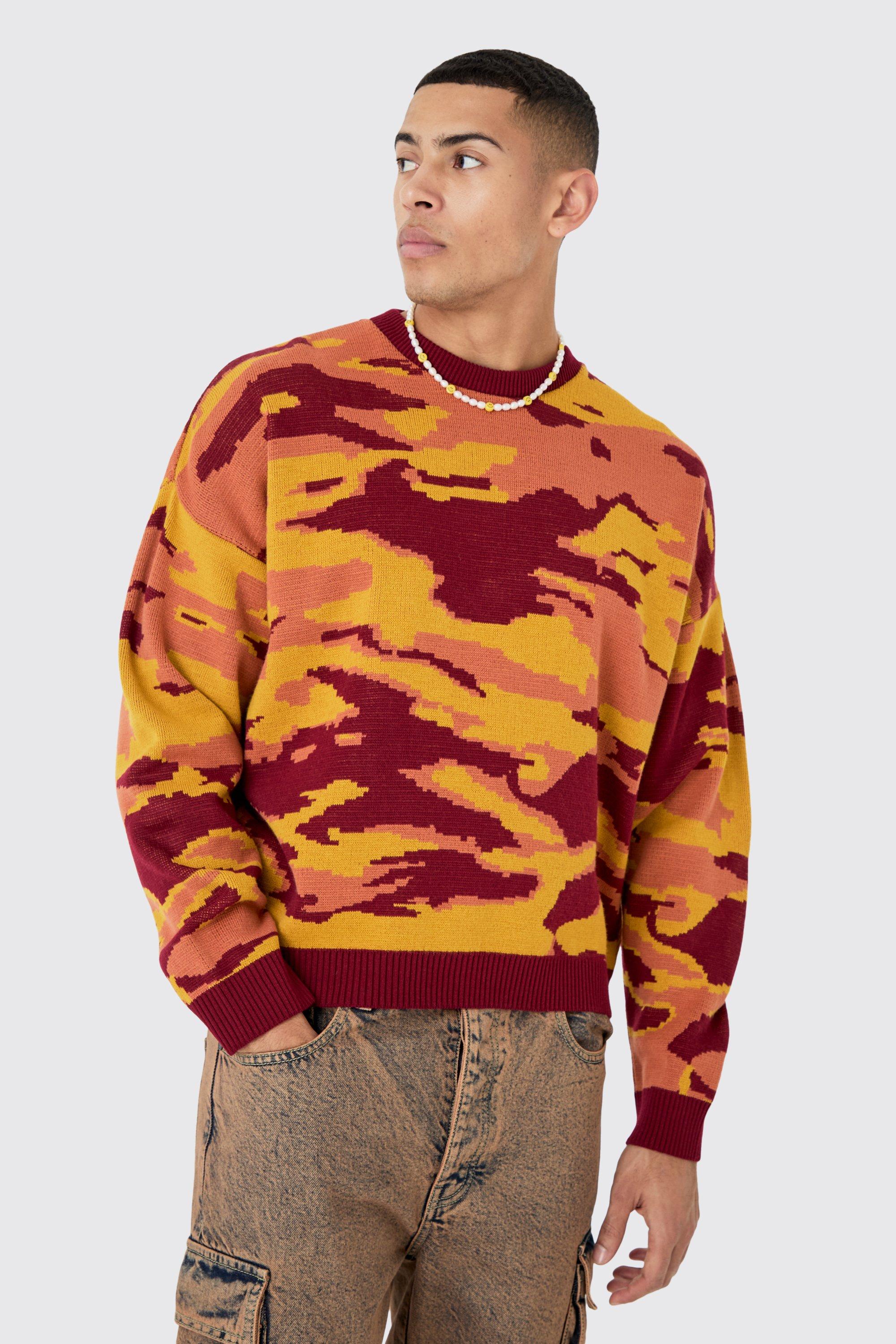 Mens Red Oversized Boxy Drop Shoulder Abstract Jumper, Red