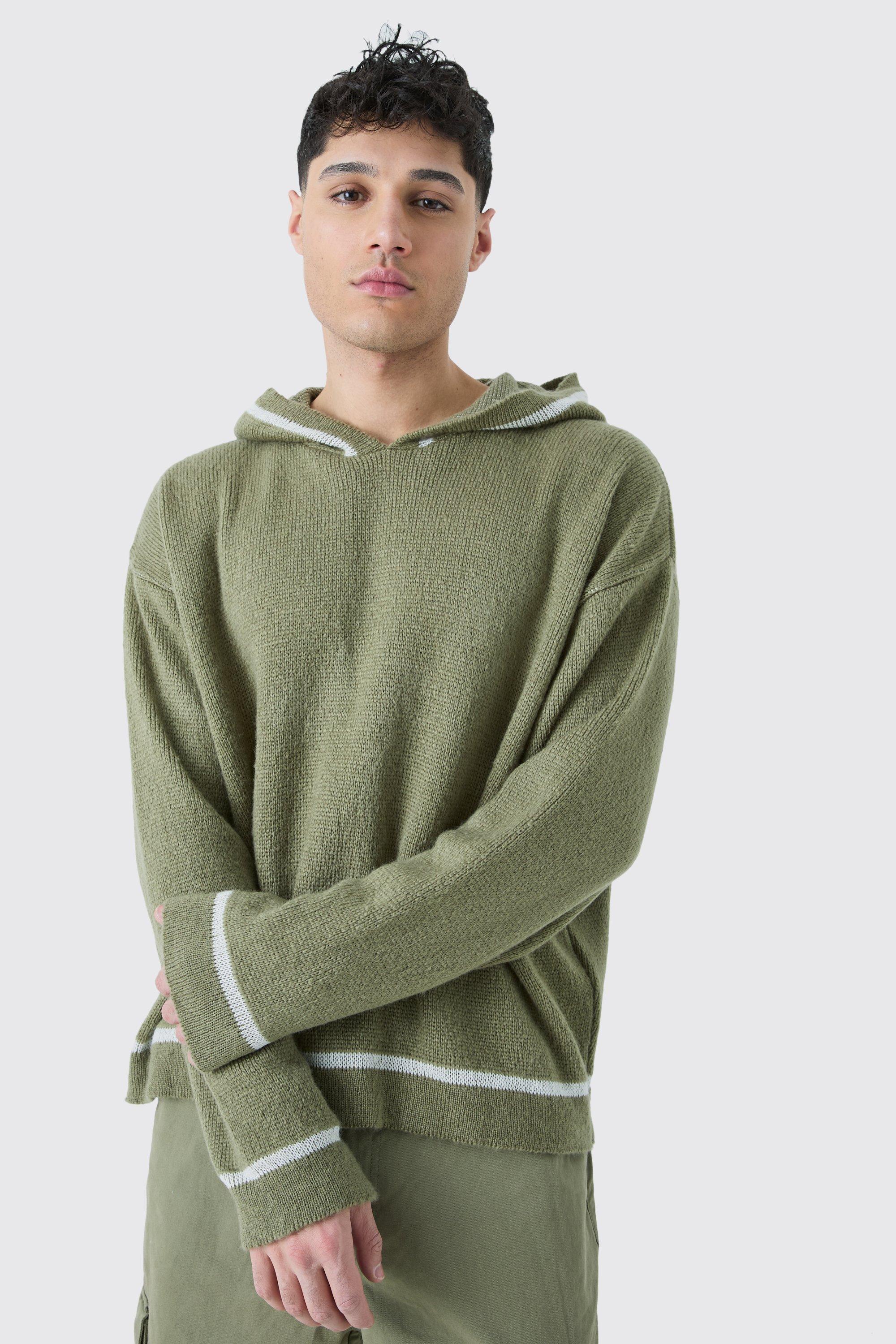 Mens Green Oversized Boxy Brushed Contrast Stitch Knit Hoodie, Green