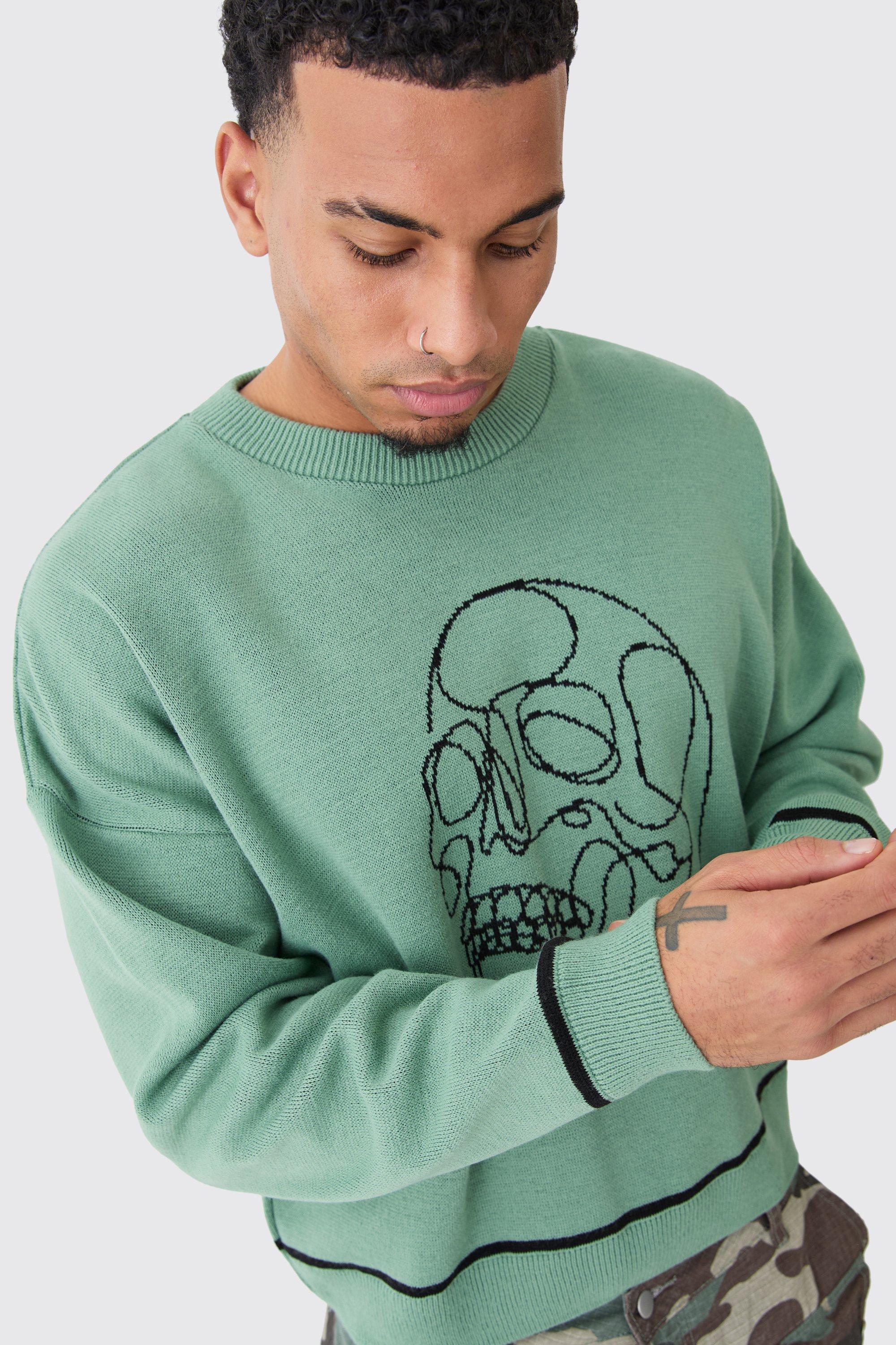 Mens Green Oversized Boxy Line Drawing Contrast Stitch Jumper, Green