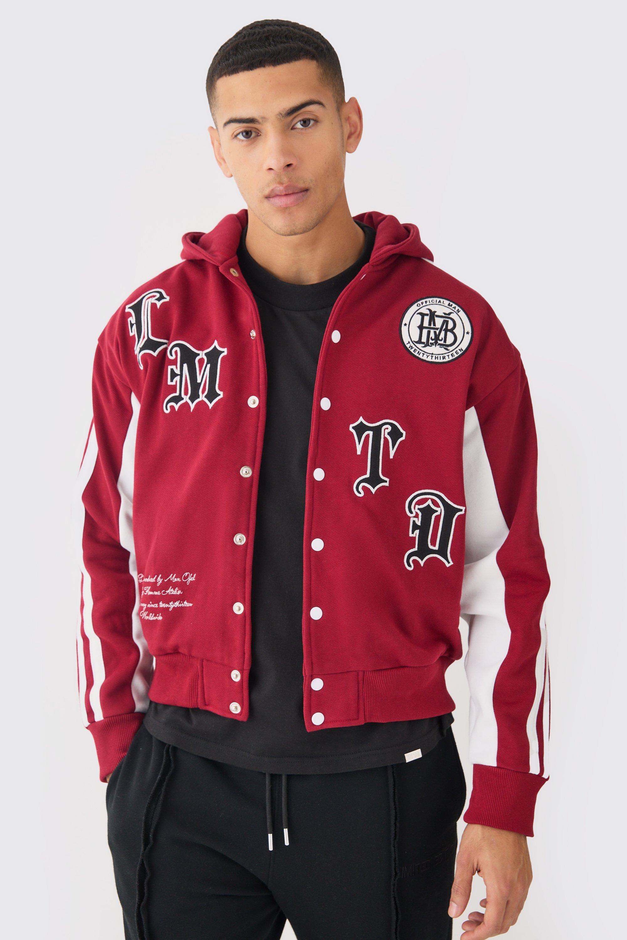 Image of Boxy Applique Tape Detail Jersey Varisty Jacket, Rosso