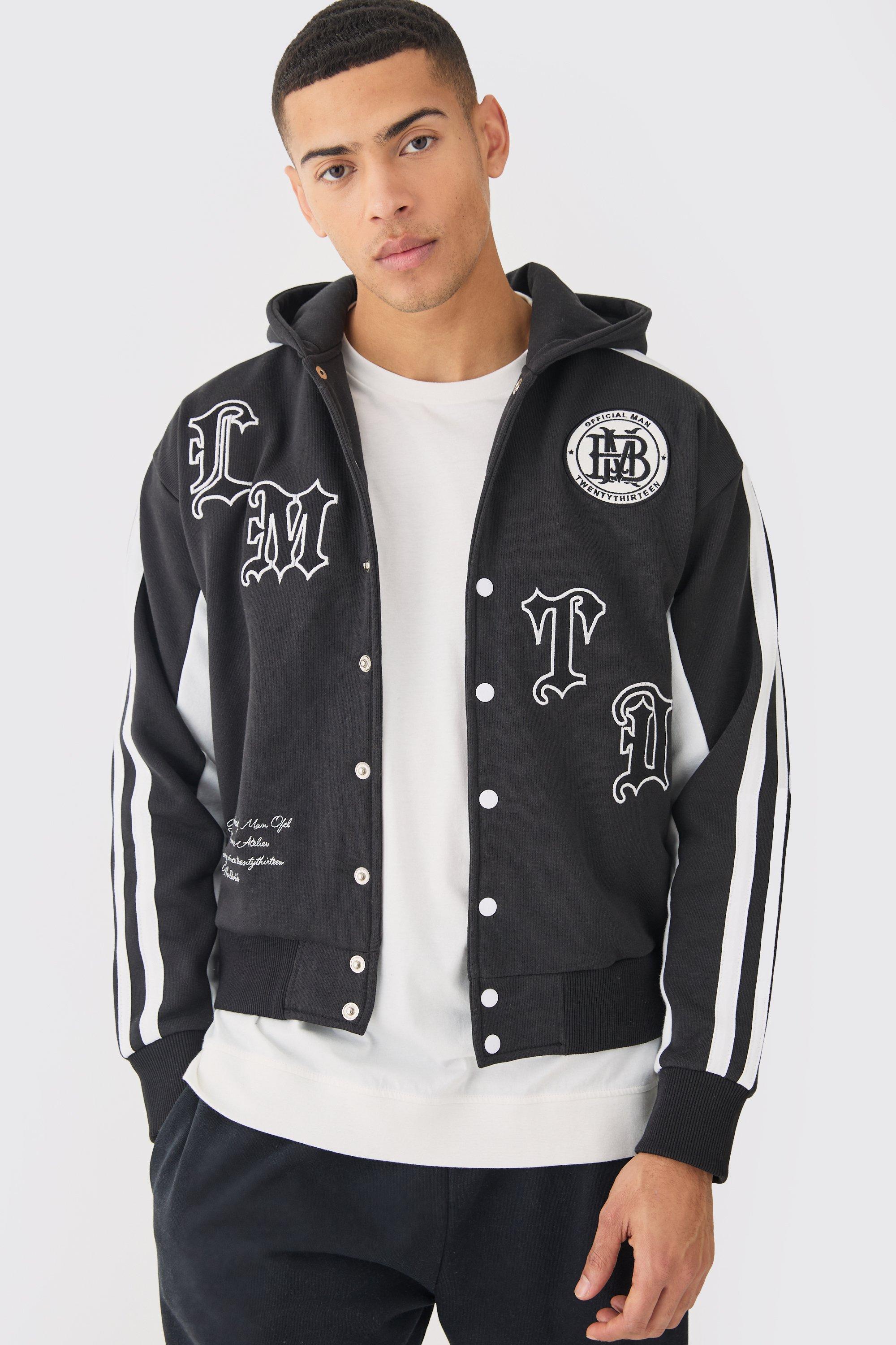 Mens Black Boxy Applique Tape Detail Jersey Varsity Jacket, Black