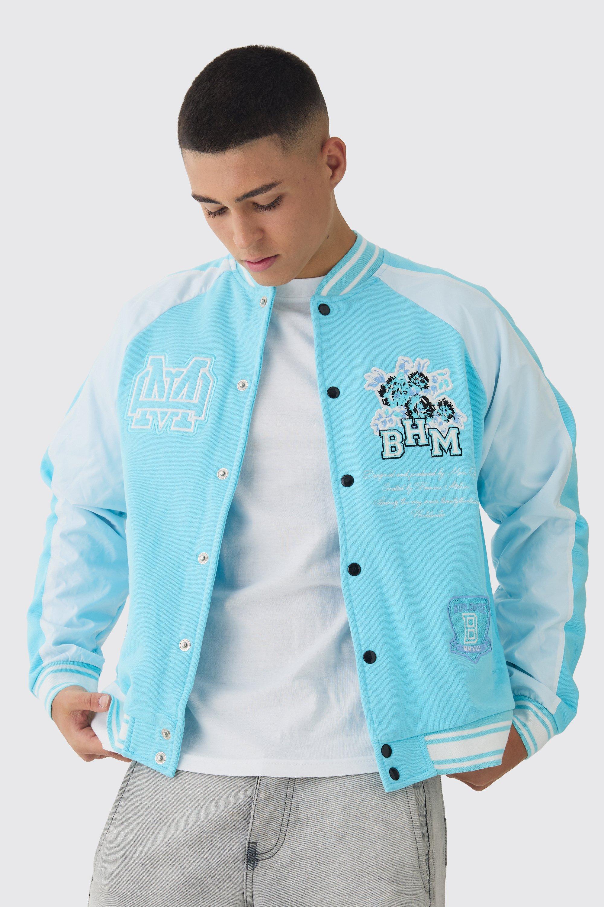 Giacca squadrata oversize stile Varsity in jersey con applique a fiori, Azzurro