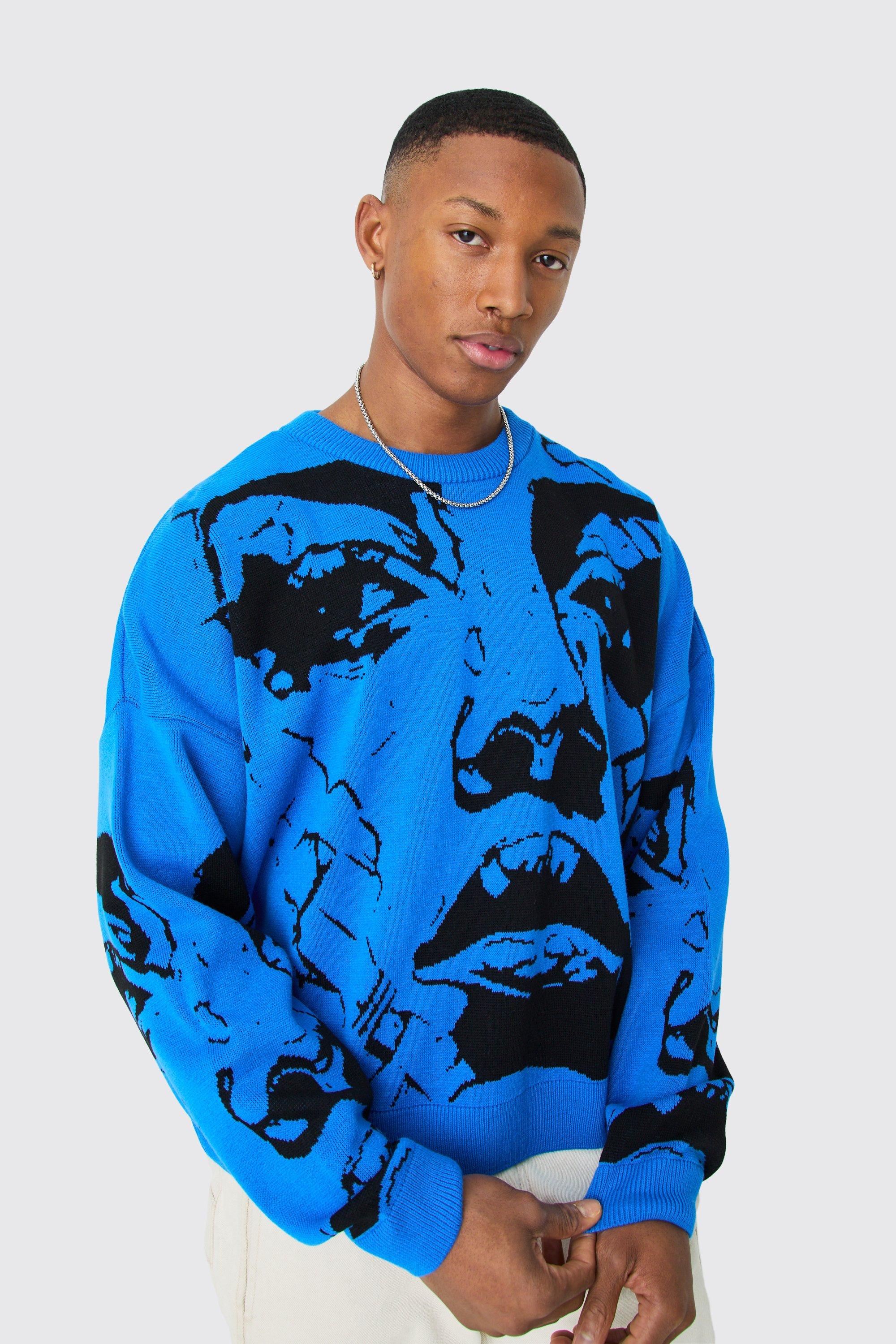 Maglione squadrato oversize in maglia in jacquard con volto e spalle scese, Azzurro