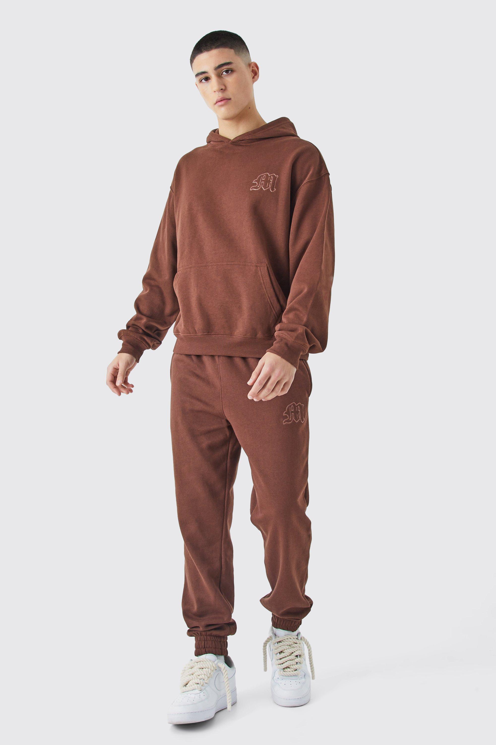 Mens Brown Boxy Embroided Hooded Tracksuit, Brown
