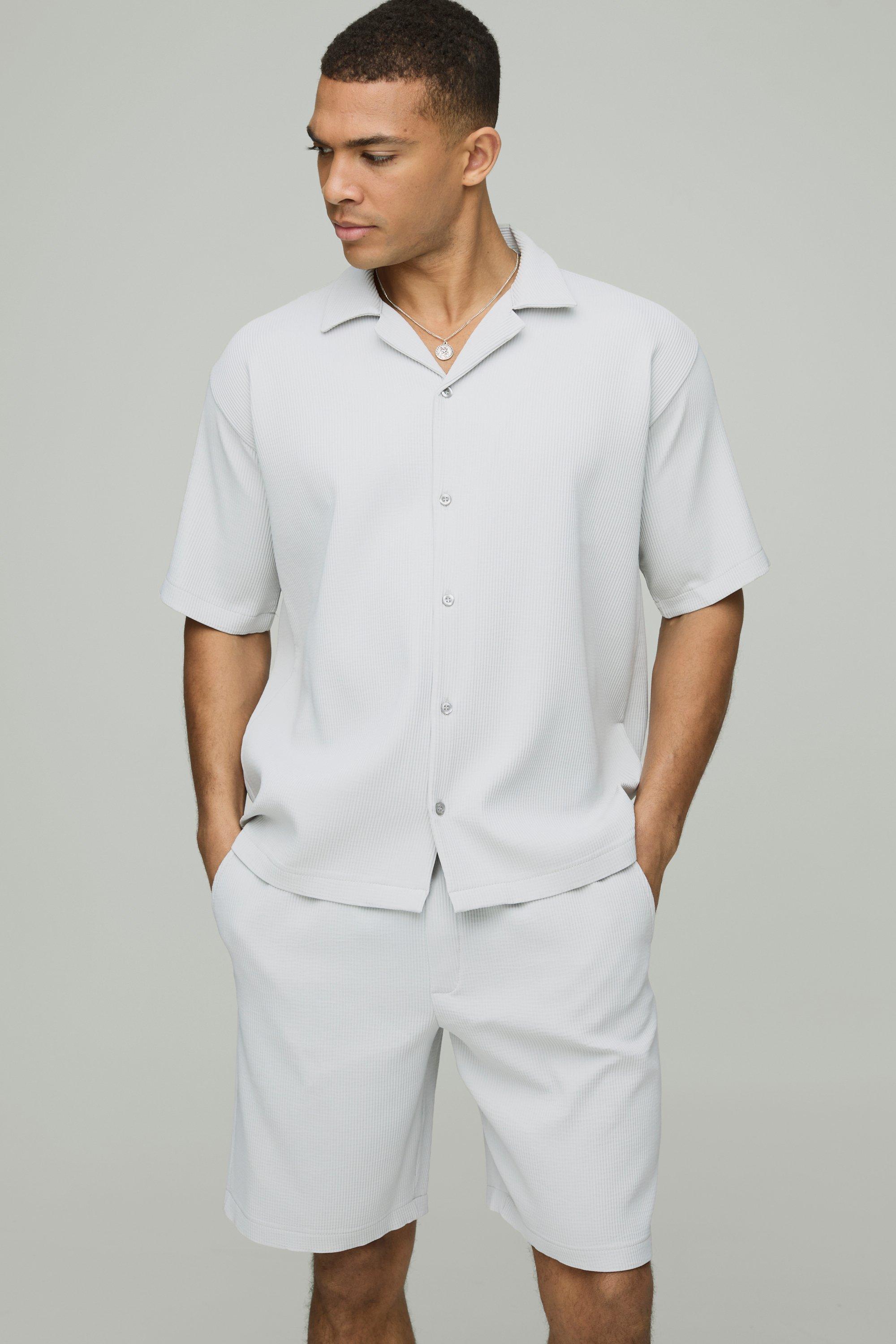 Camicia oversize a maniche corte con pieghe & pantaloncini, Grigio