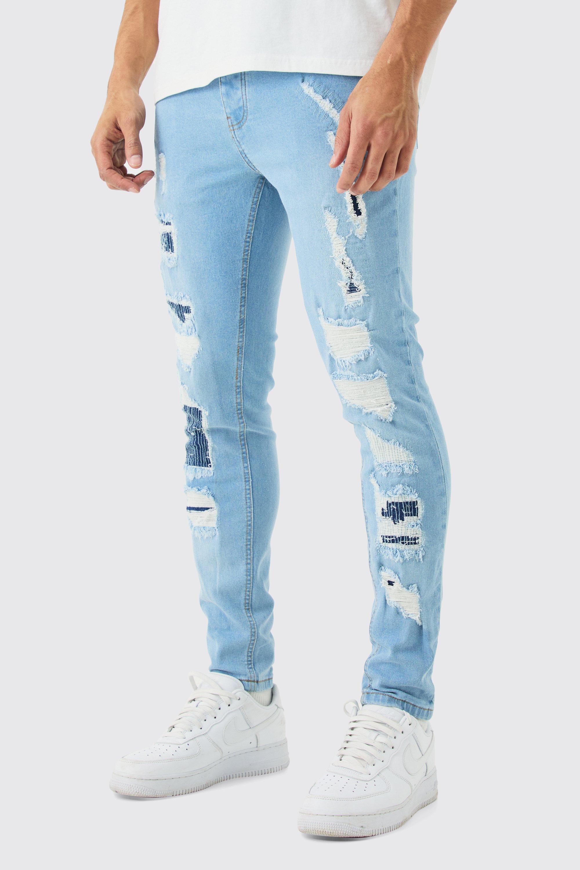 Mens Skinny Stretch All Over Ripped Light Blue Jeans, Blue