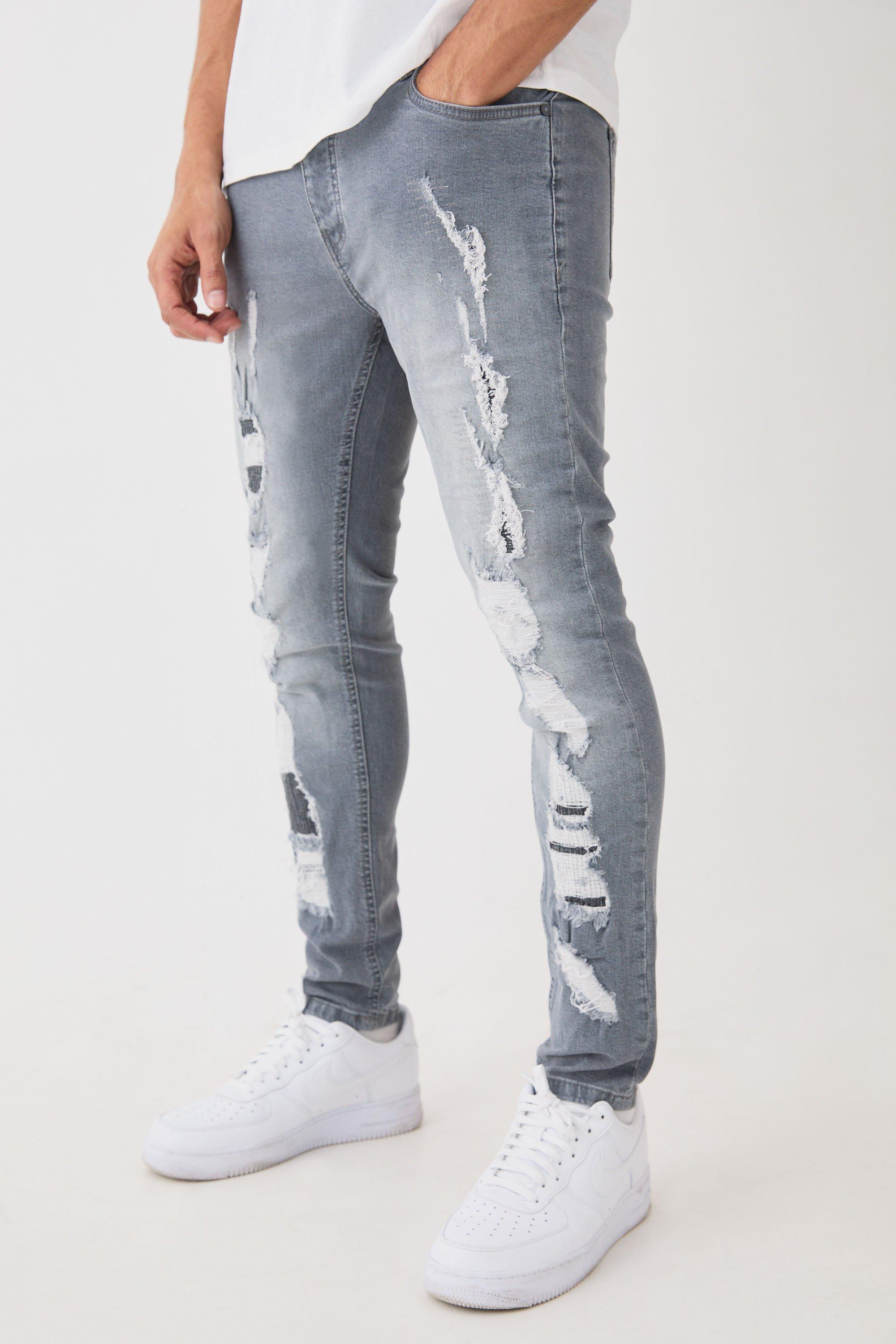 Mens Skinny Stretch All Over Ripped Grey Jeans, Grey