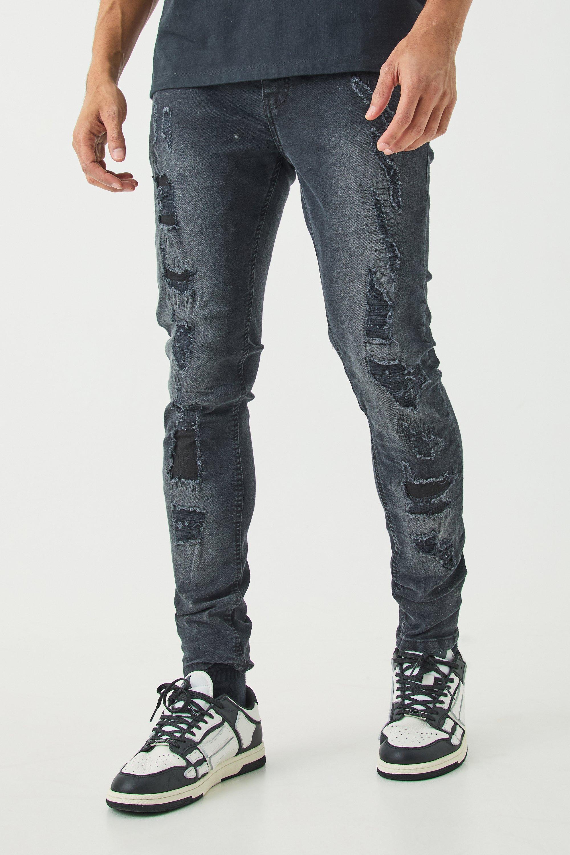 Mens Skinny Stretch All Over Ripped Black Jeans, Black