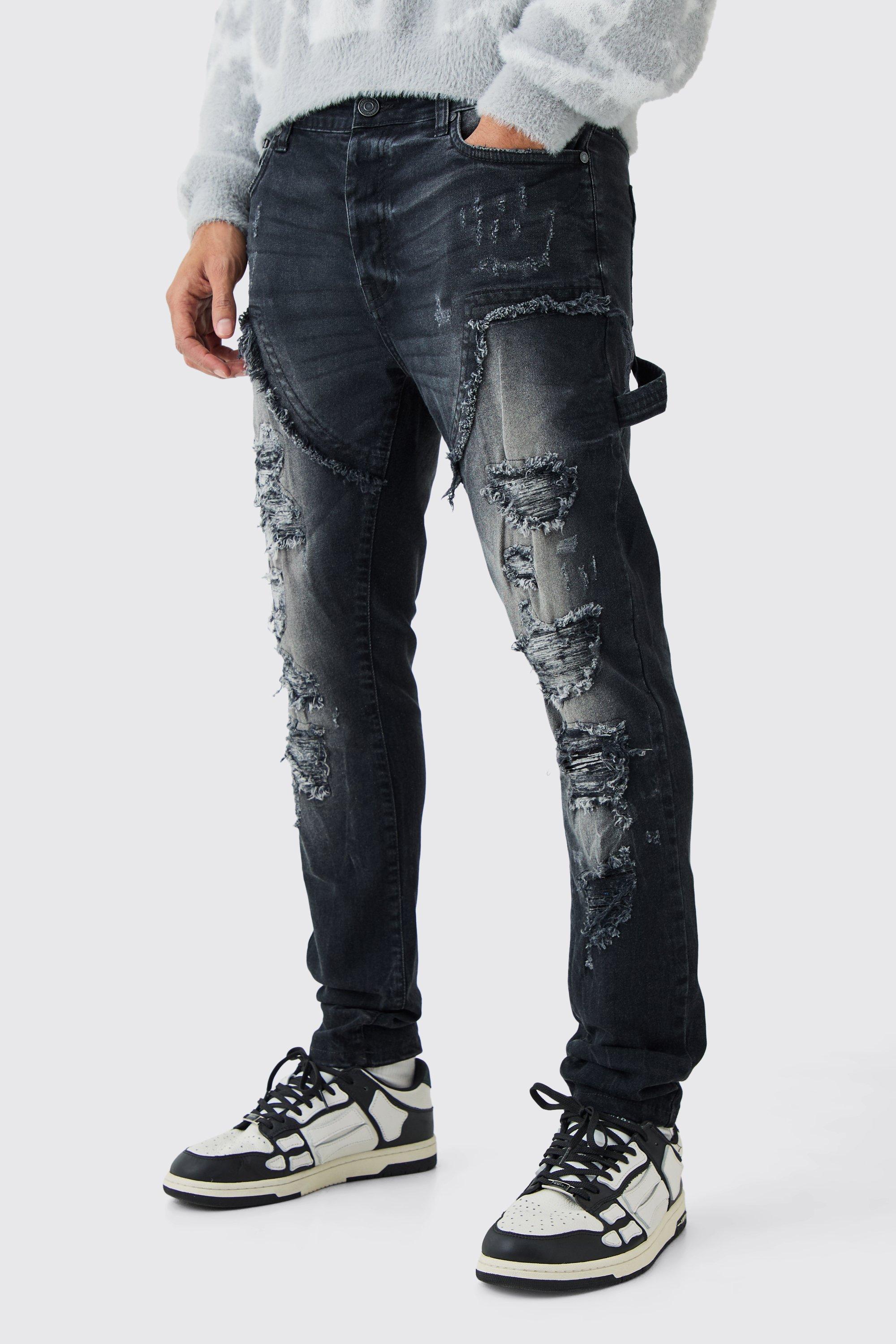 Mens Skinny Stretch Multi Rip Carpenter Jeans In Washed Black, Black