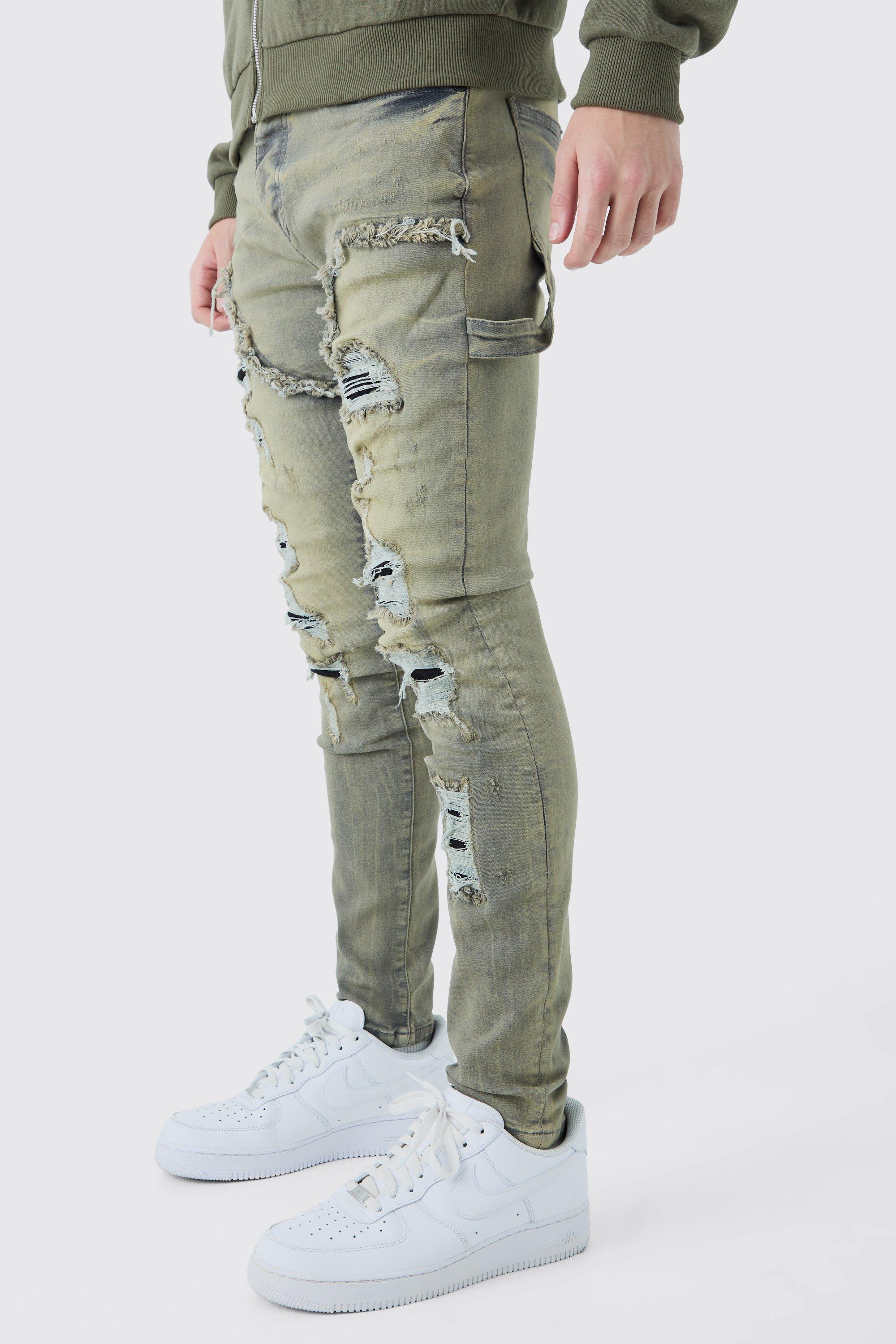Mens Skinny Stretch Multi Rip Carpenter Washed Grey Jeans, Grey