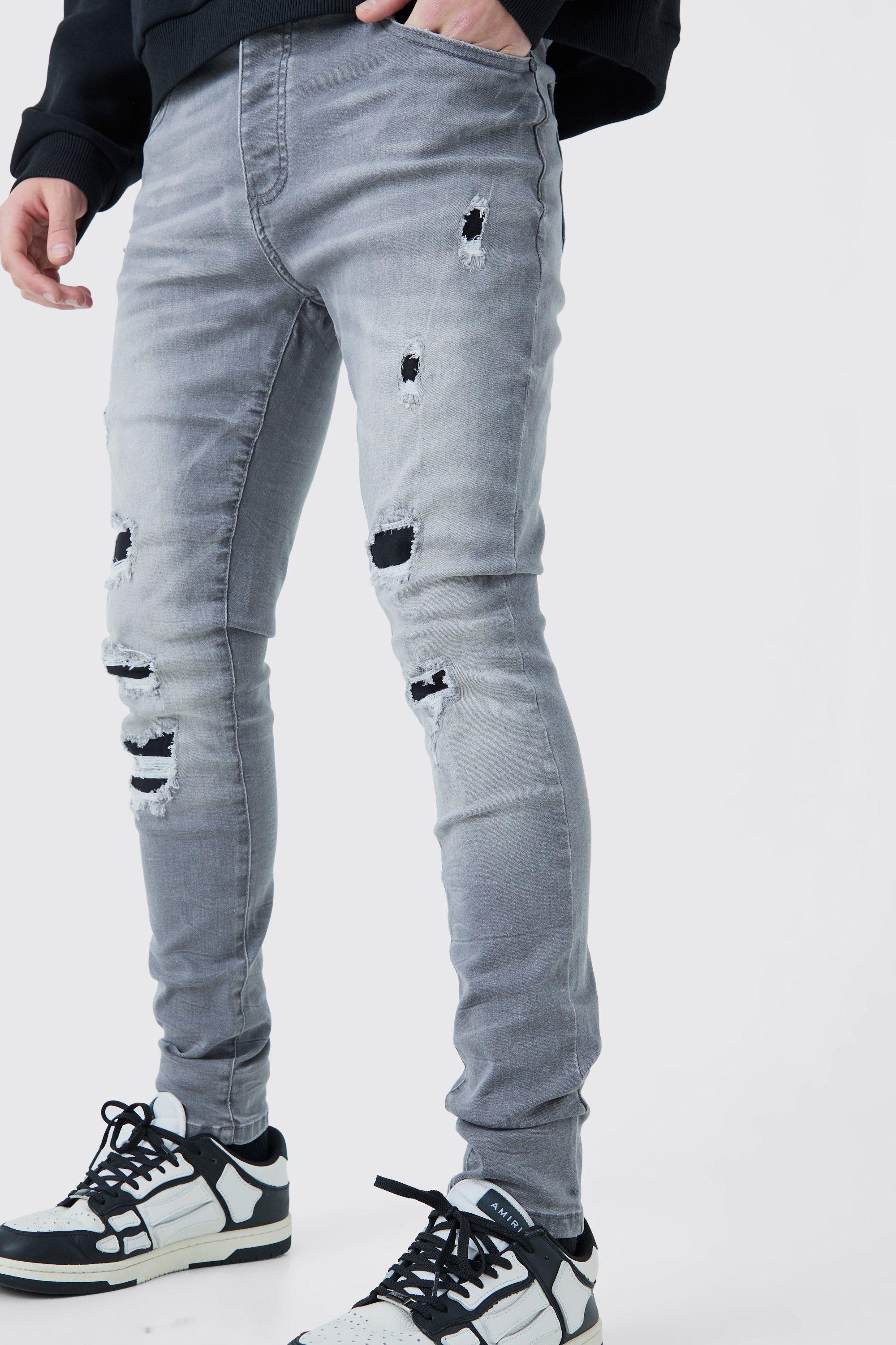 Mens Skinny Stretch Ripped Jeans In Ice Grey, Grey