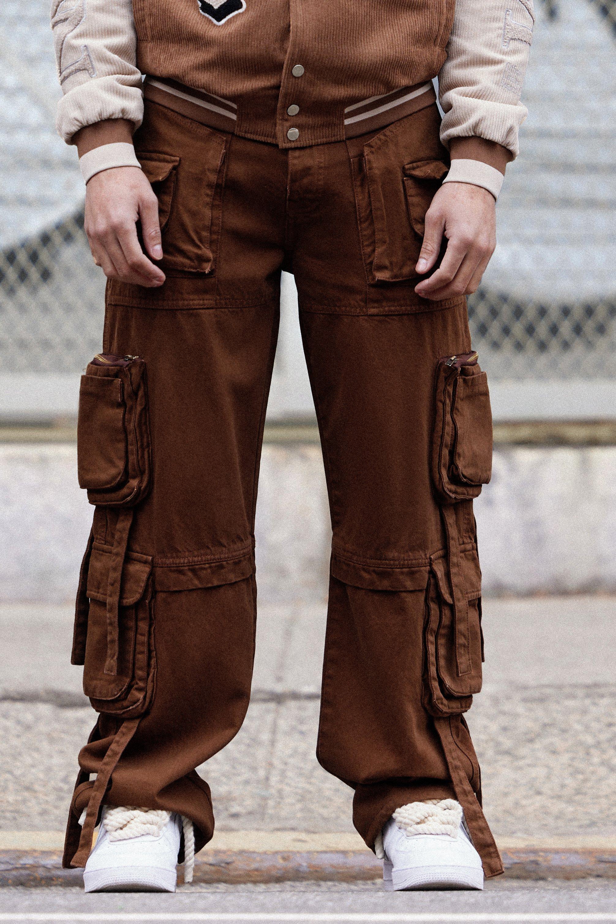 Mens Brown Baggy Rigid Multi Cargo Pocket Strap Detail Acid Wash Jeans, Brown