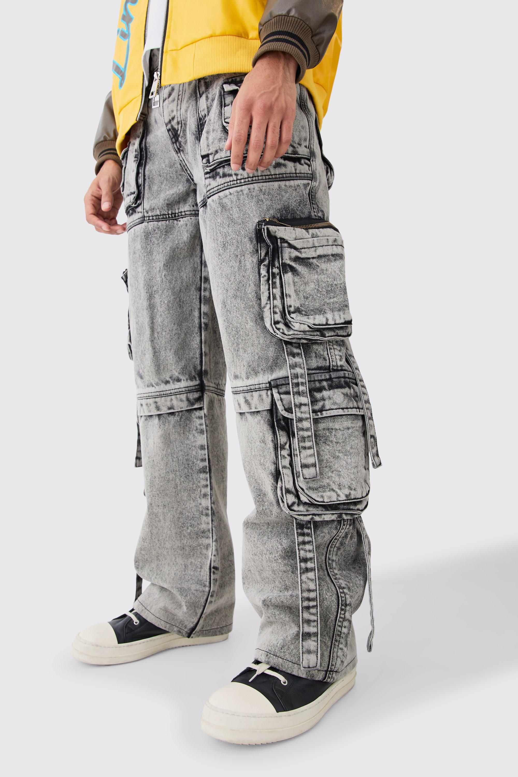 Image of Jeans extra comodi in lavaggio acido in lavaggio acido con tasche Cargo e spalline, Grigio