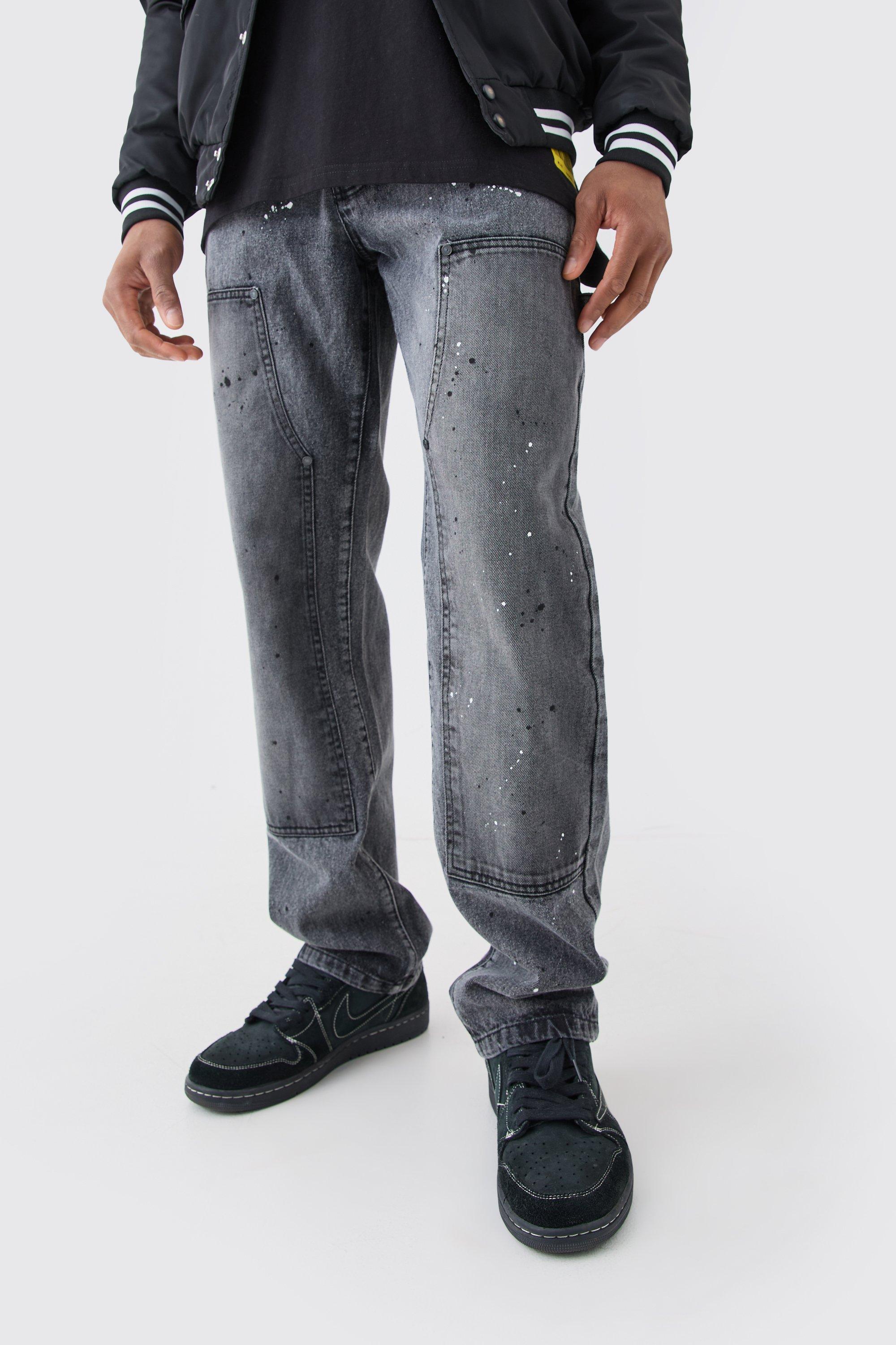 Mens Grey Relaxed Rigid Carpenter Acid Wash Jeans, Grey