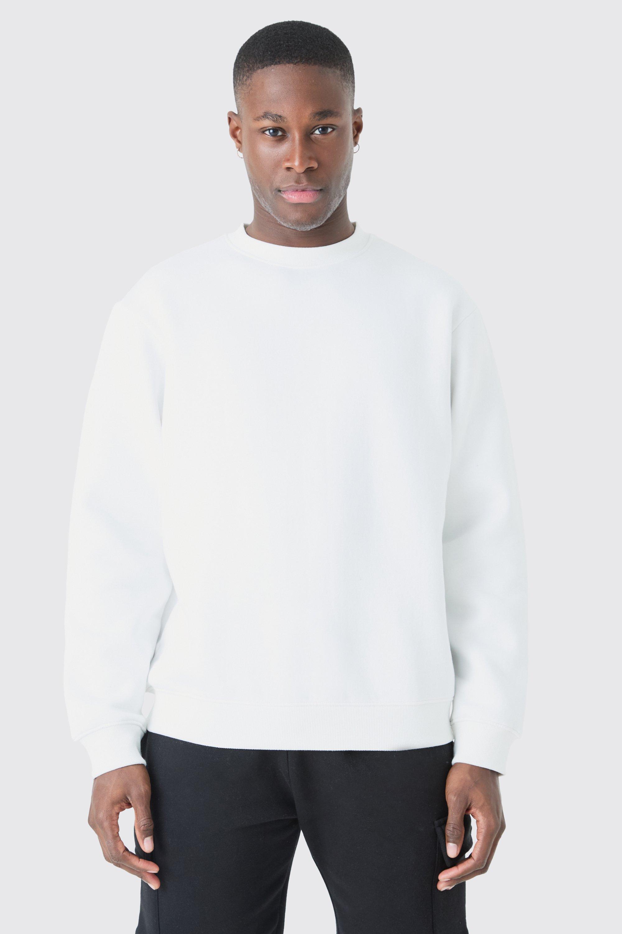 Mens White Basic Oversized Crew Neck Sweatshirt, White