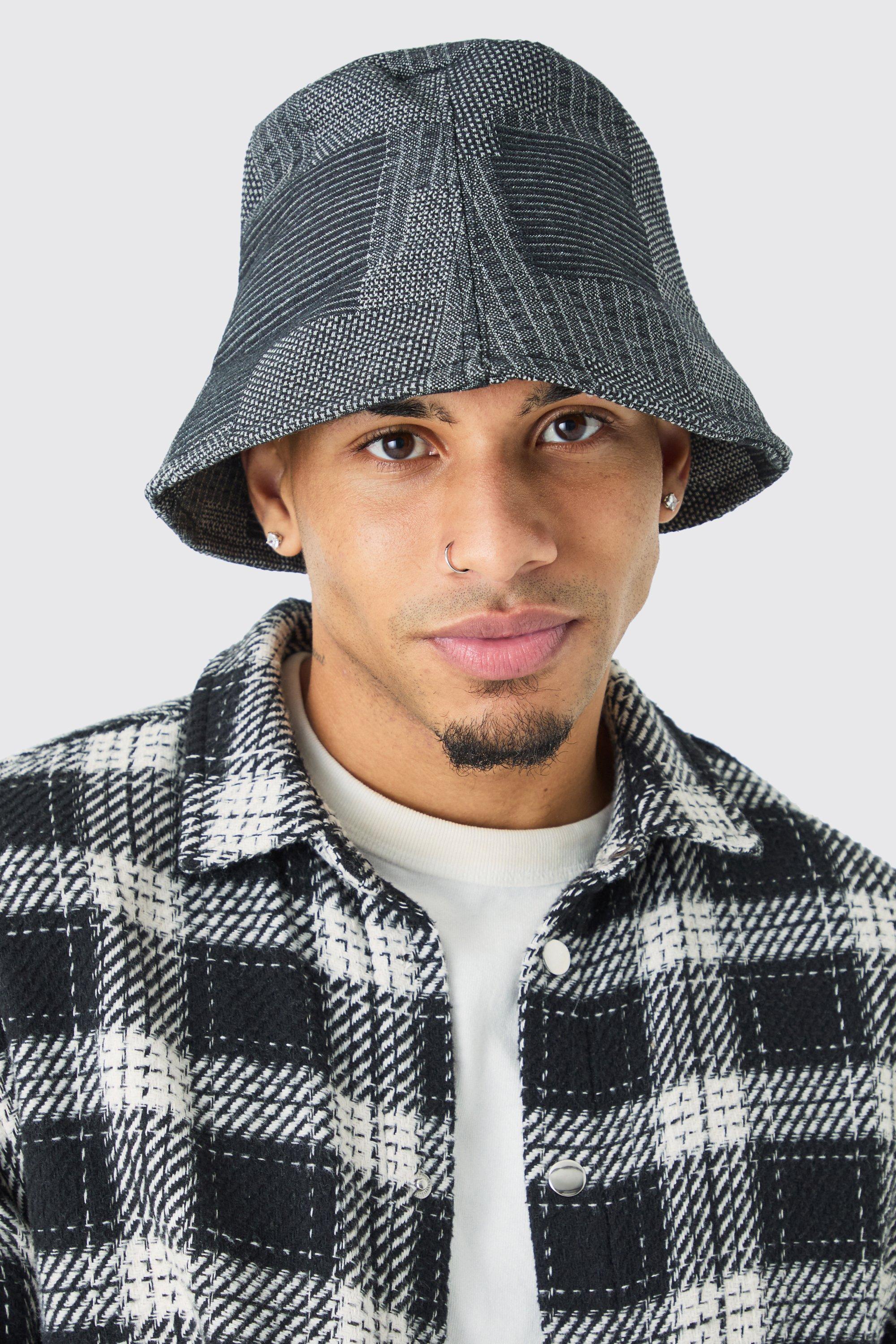 Mens Grey Denim Patchwork Bucket Hat, Grey