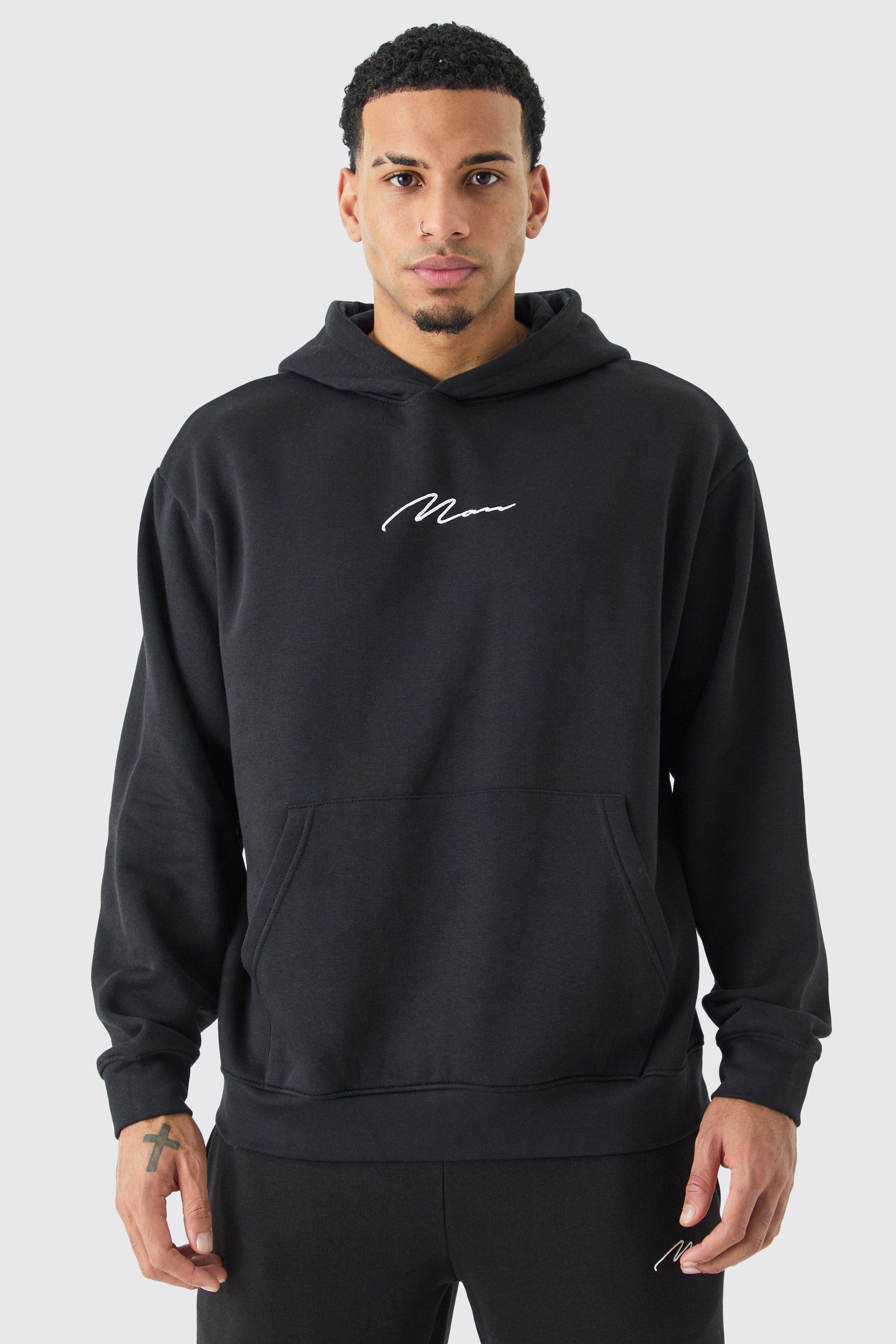 Mens Black Man Signature Oversized Over The Head Hoodie, Black