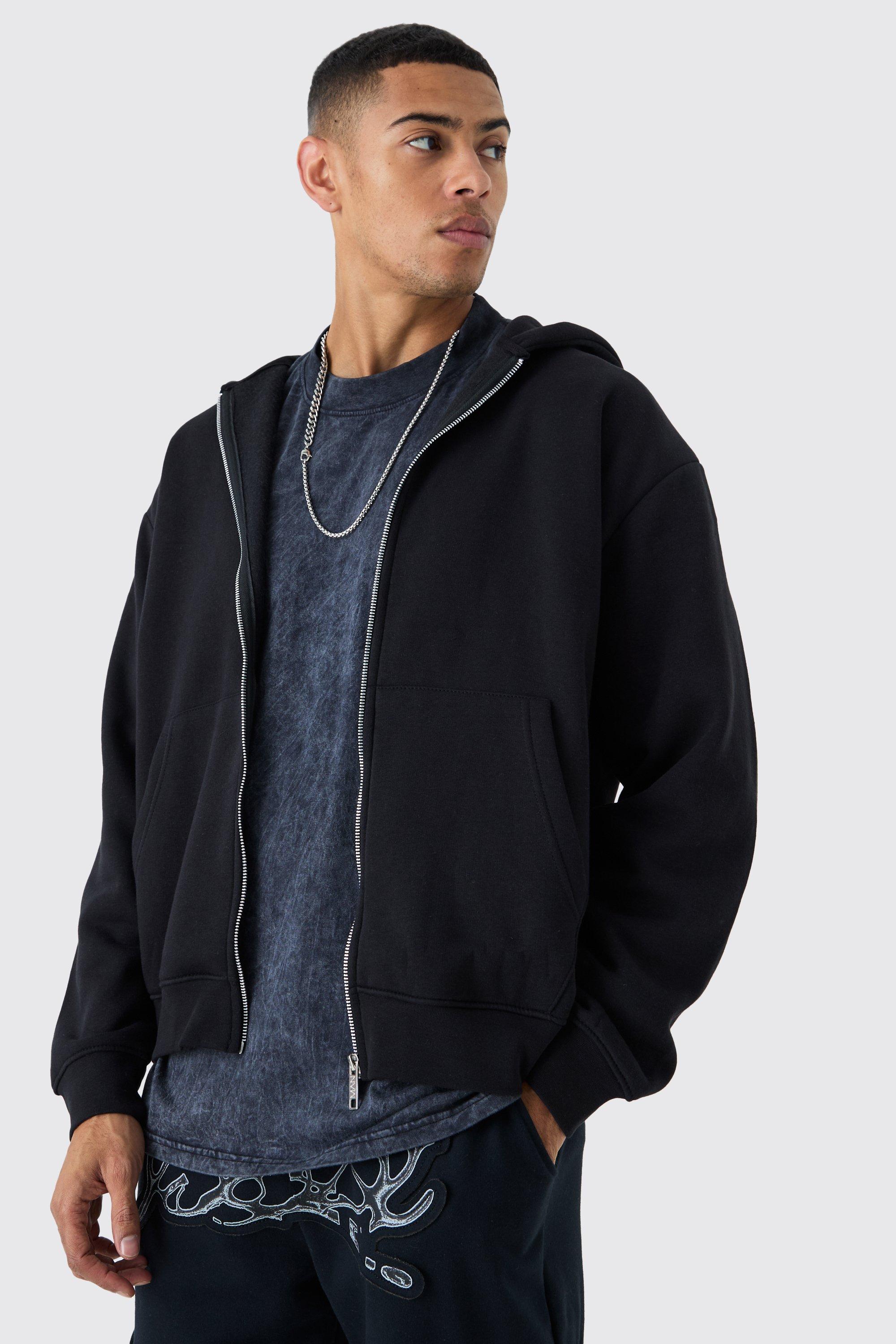 Mens Black Oversized Zip Through Hoodie, Black