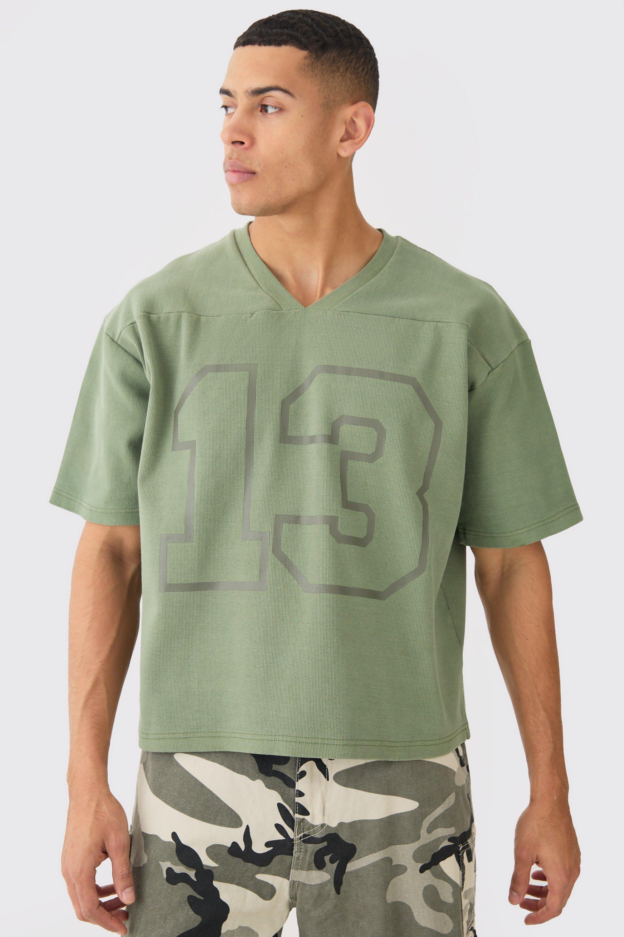 Image of Boxy Heavyweight Ribbed Washed V Neck Half Sleeve Sweatshirt, Verde