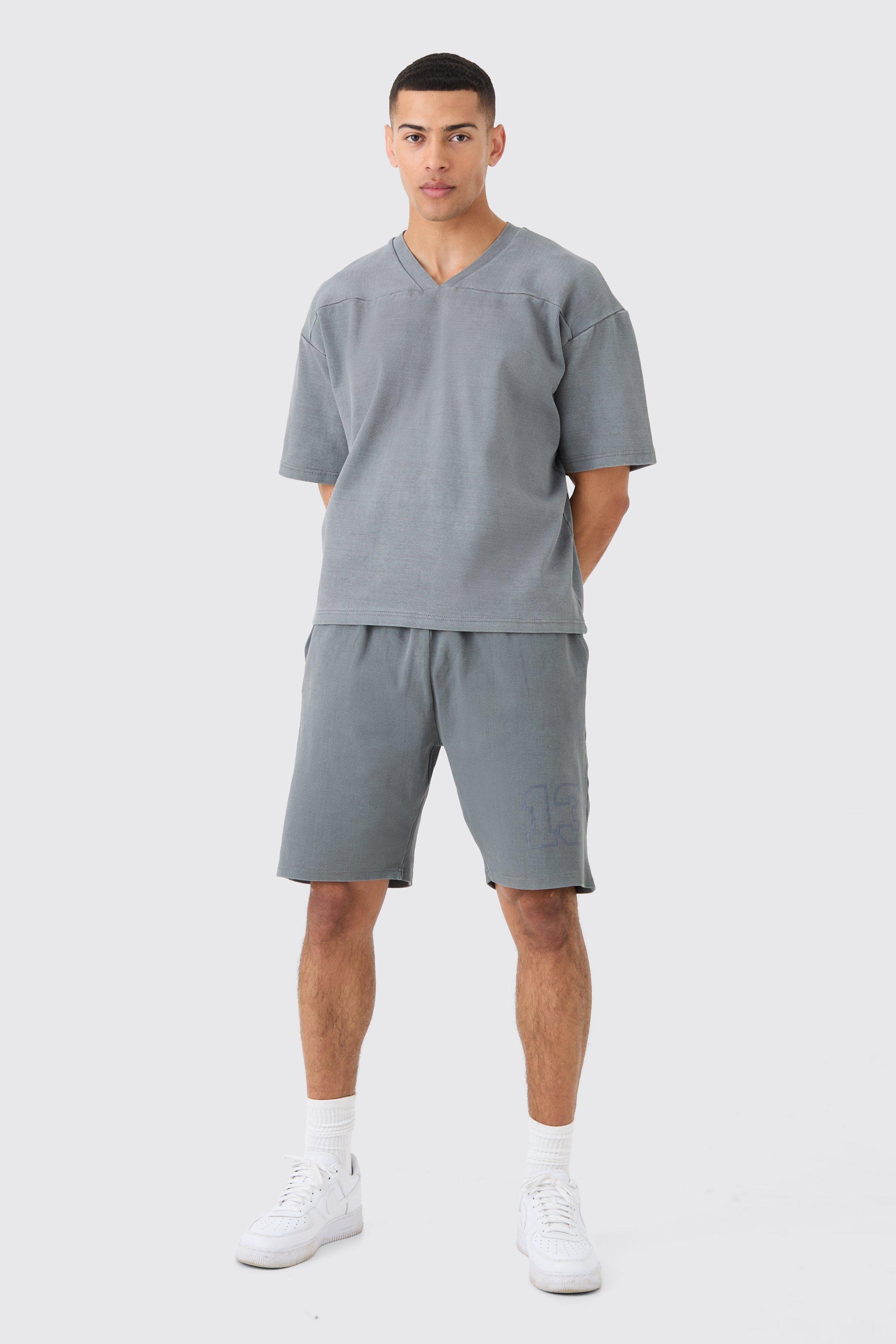 Image of Heavyweight Ribbed Washed Half Sleeve Sweatshirt & Short Set, Grigio