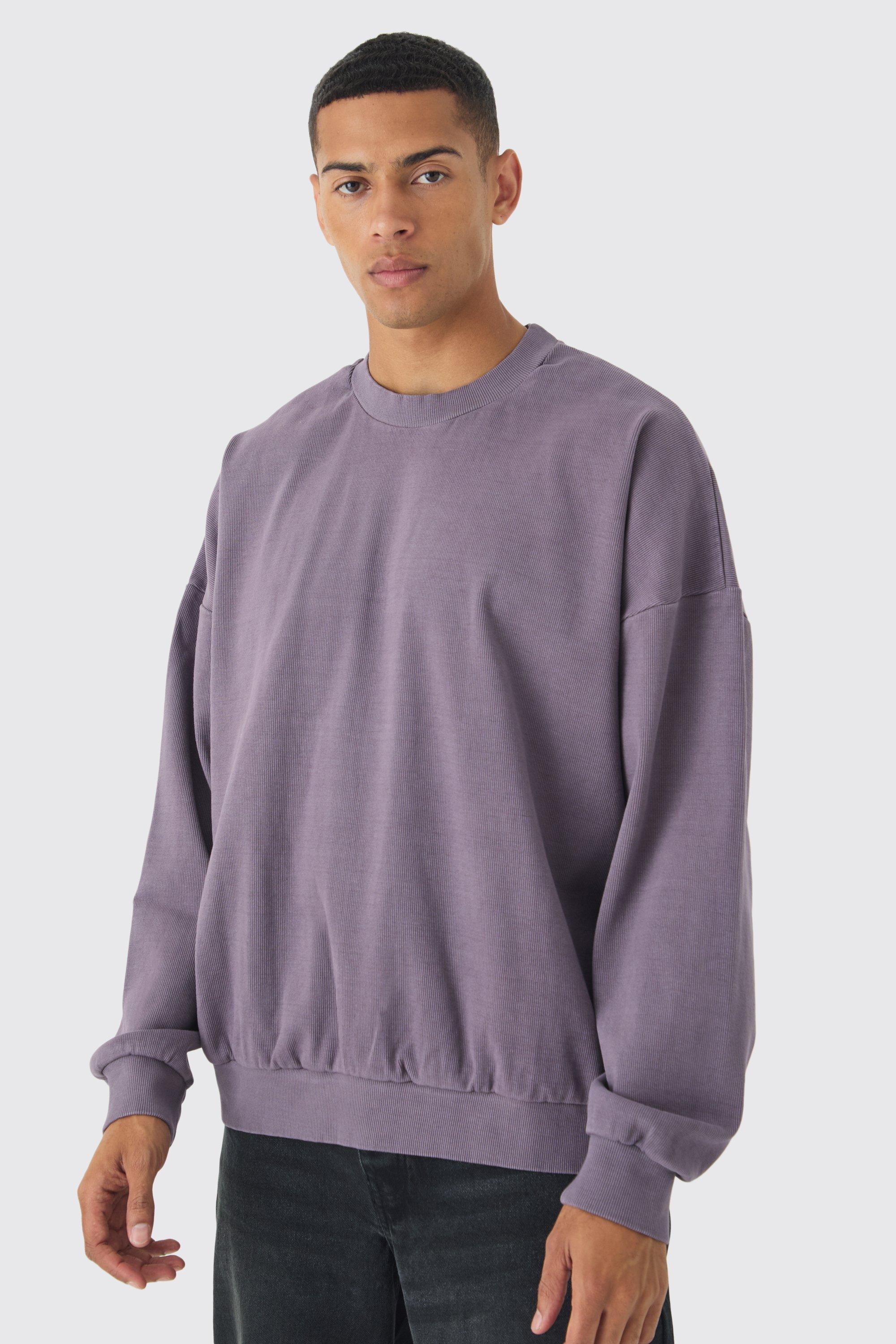 Mens Purple Oversized Heavyweight Ribbed Washed Drop Shoulder Sweatshirt, Purple