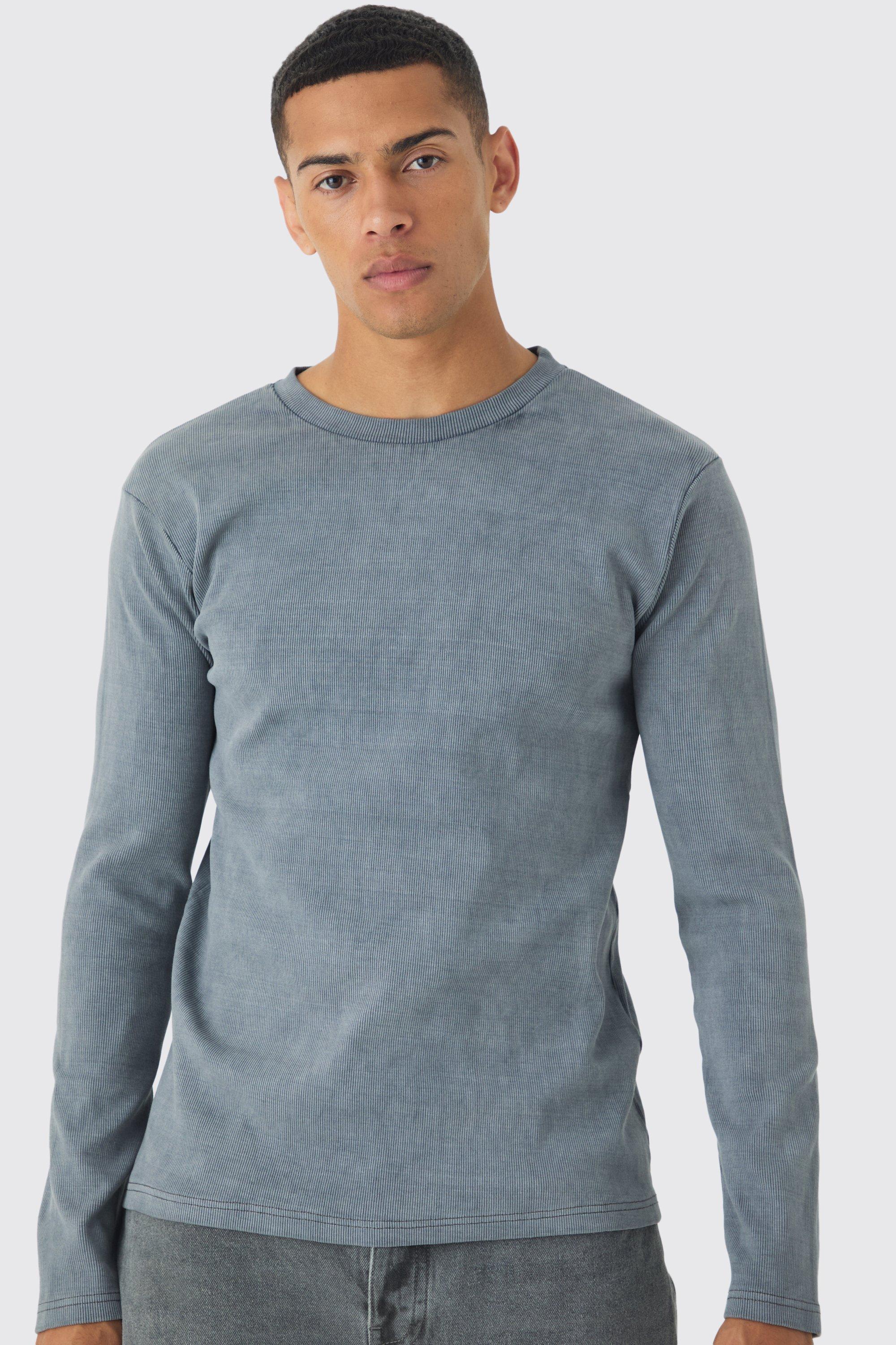 Mens Grey Muscle Fit Long Sleeve Heavyweight Ribbed Washed Jumper, Grey