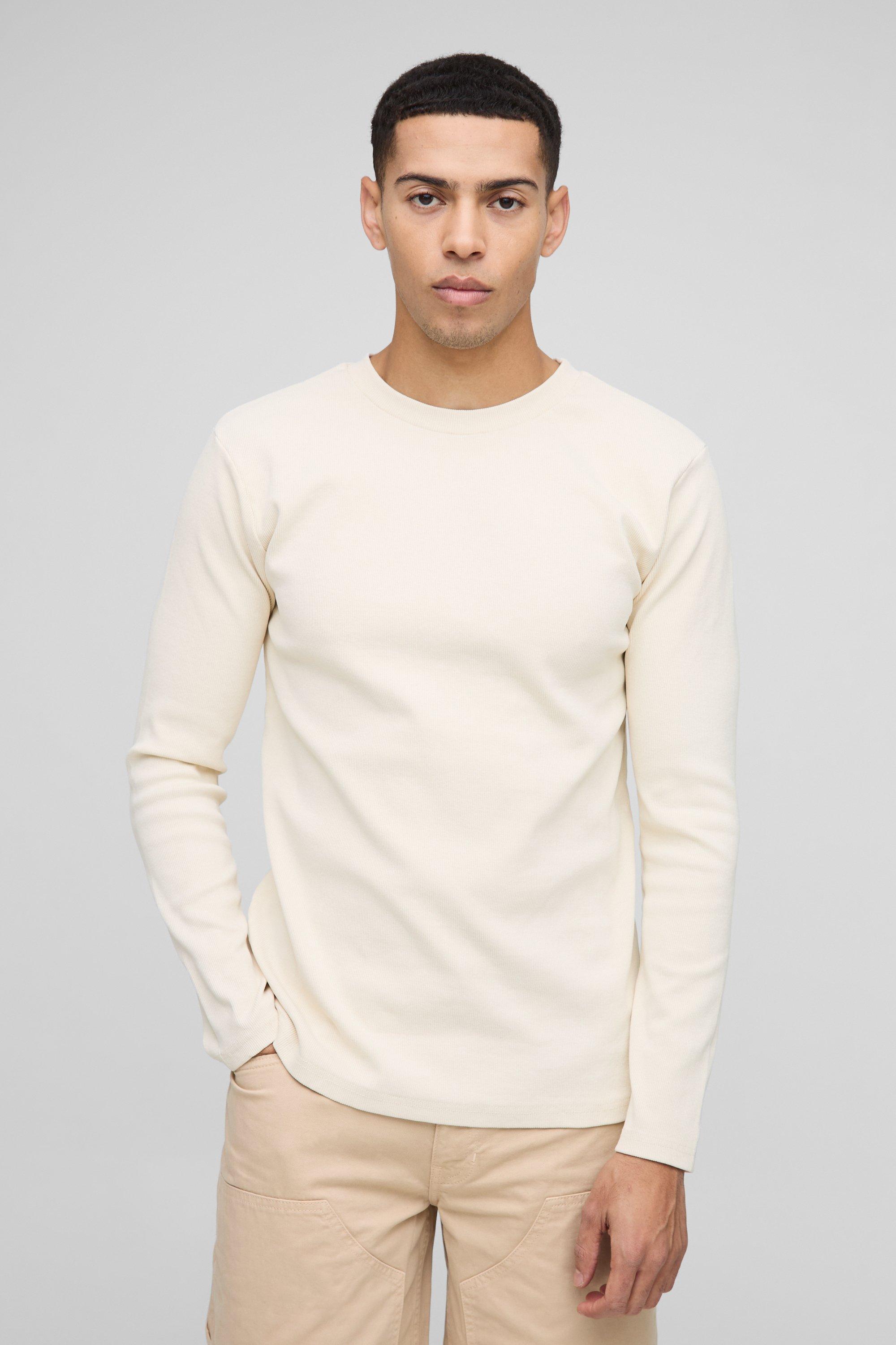 Mens Cream Muscle Fit Long Sleeve Heavyweight Ribbed Washed Jumper, Cream