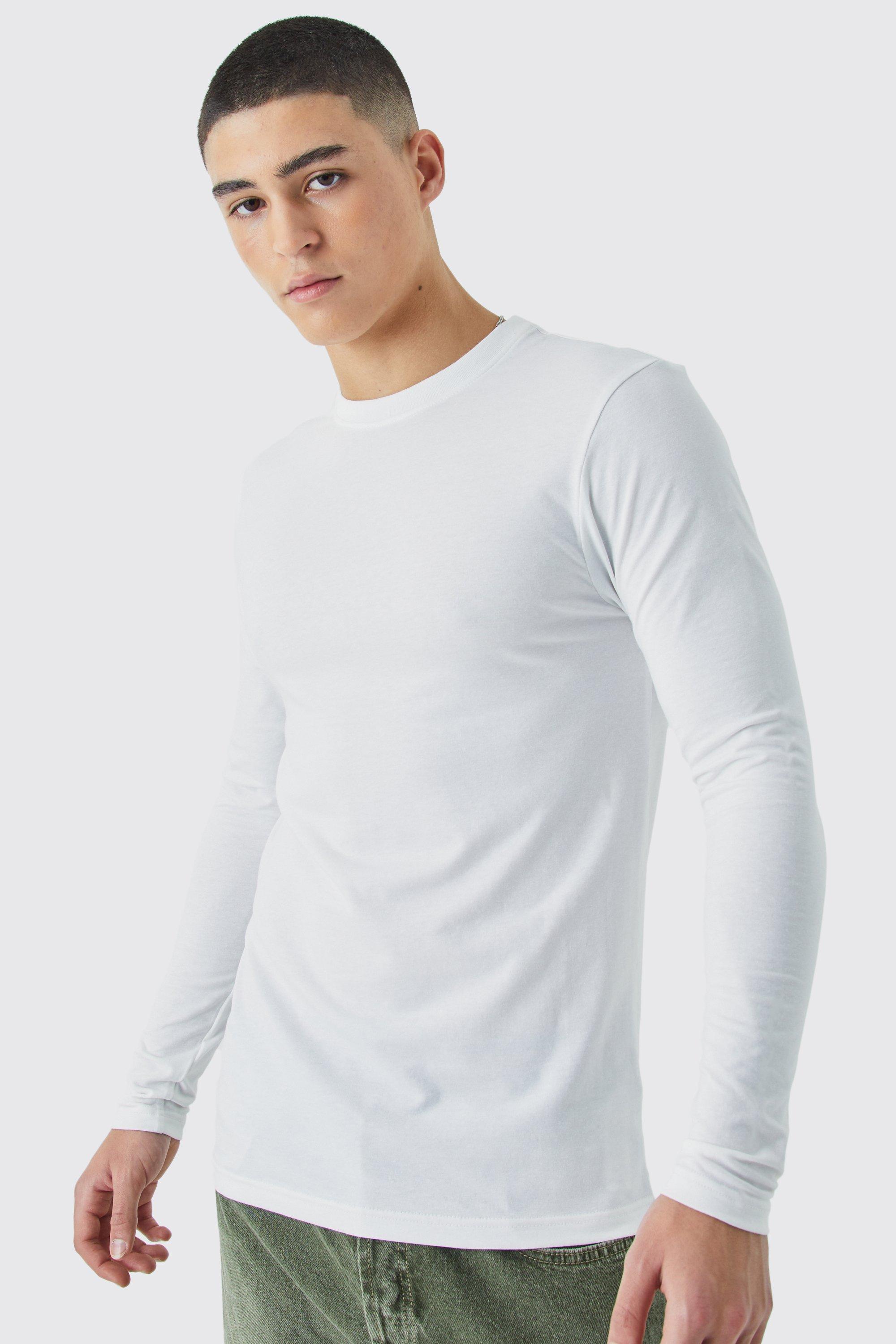 Mens White Long Sleeve Muscle Fit T-shirt, White