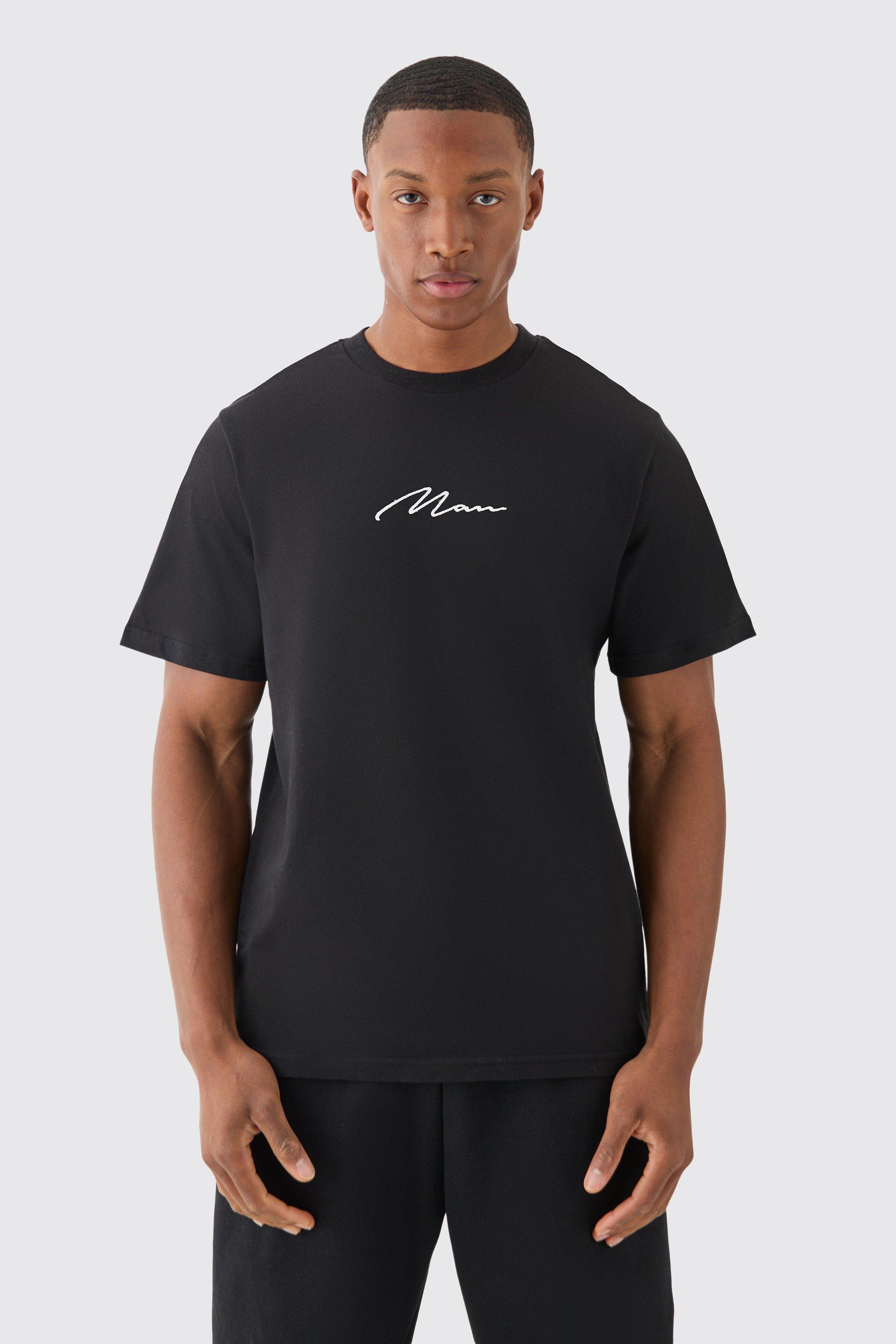 Mens Black Man Signature Embroidered T-shirt, Black